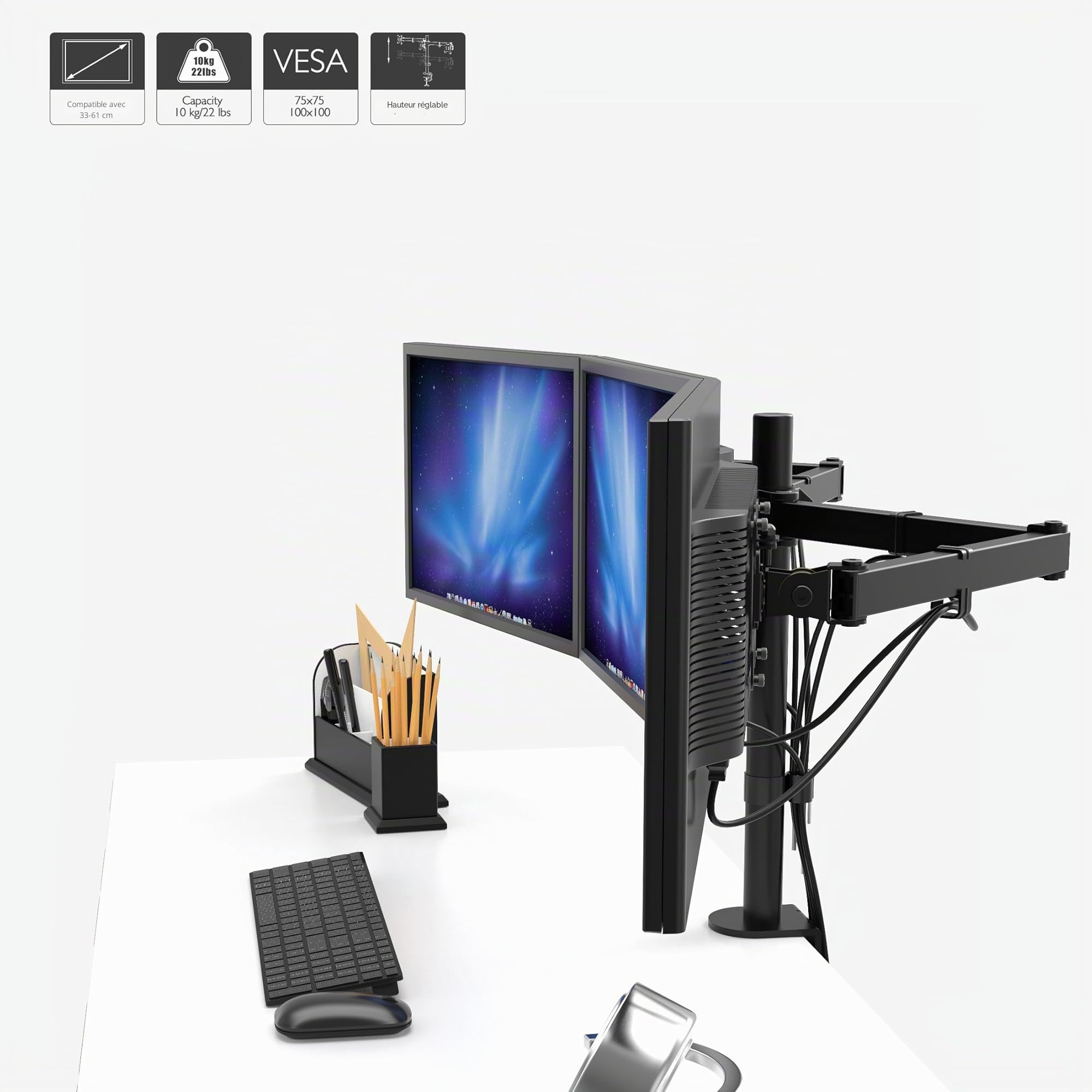 BONTEC Support Triple Moniteur 3 Écrans 13-24" VESA 75x75mm/100x100mm Rotation Inclinable Pivotable Hauteur Réglable 10kg