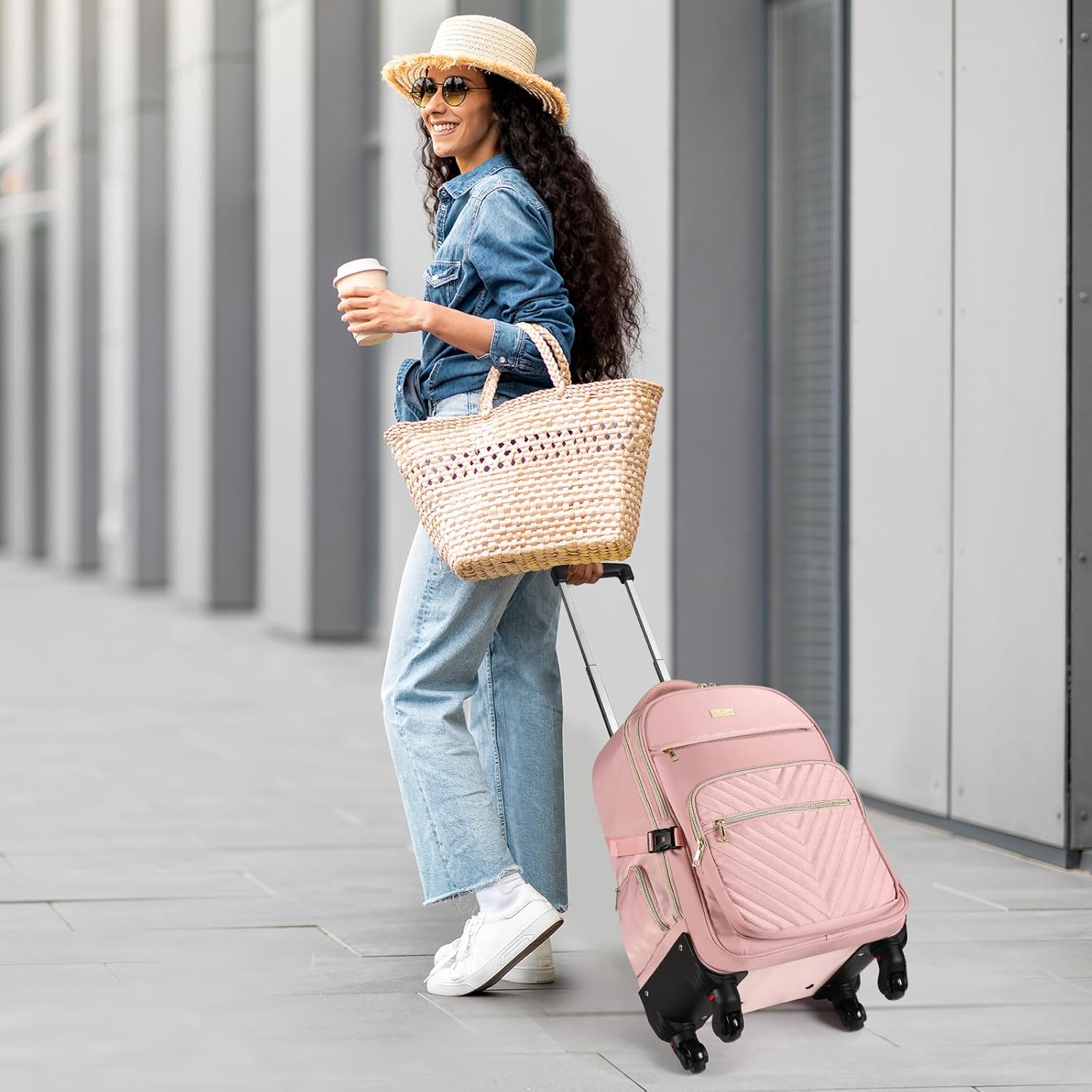 star cloud Rolling Backpack for Women, 21"x14"x9",45L Travel Backpack with Wheels and USB & Type-C Charging Ports, Fits 17.3", Water-Resistant Carry-On Luggage for Work & Travel (Pink) - Image 2