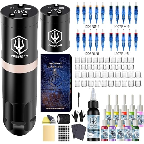 POSEIDON Cordless Rotary Tattoo Machine Kit with 20 Tattoo Cartridge Needles, Ink Set & 2 Rechargeable Batteries | Professional Portable Tattoo Gun for Beginners | Complete Starter Supplies(HM124)