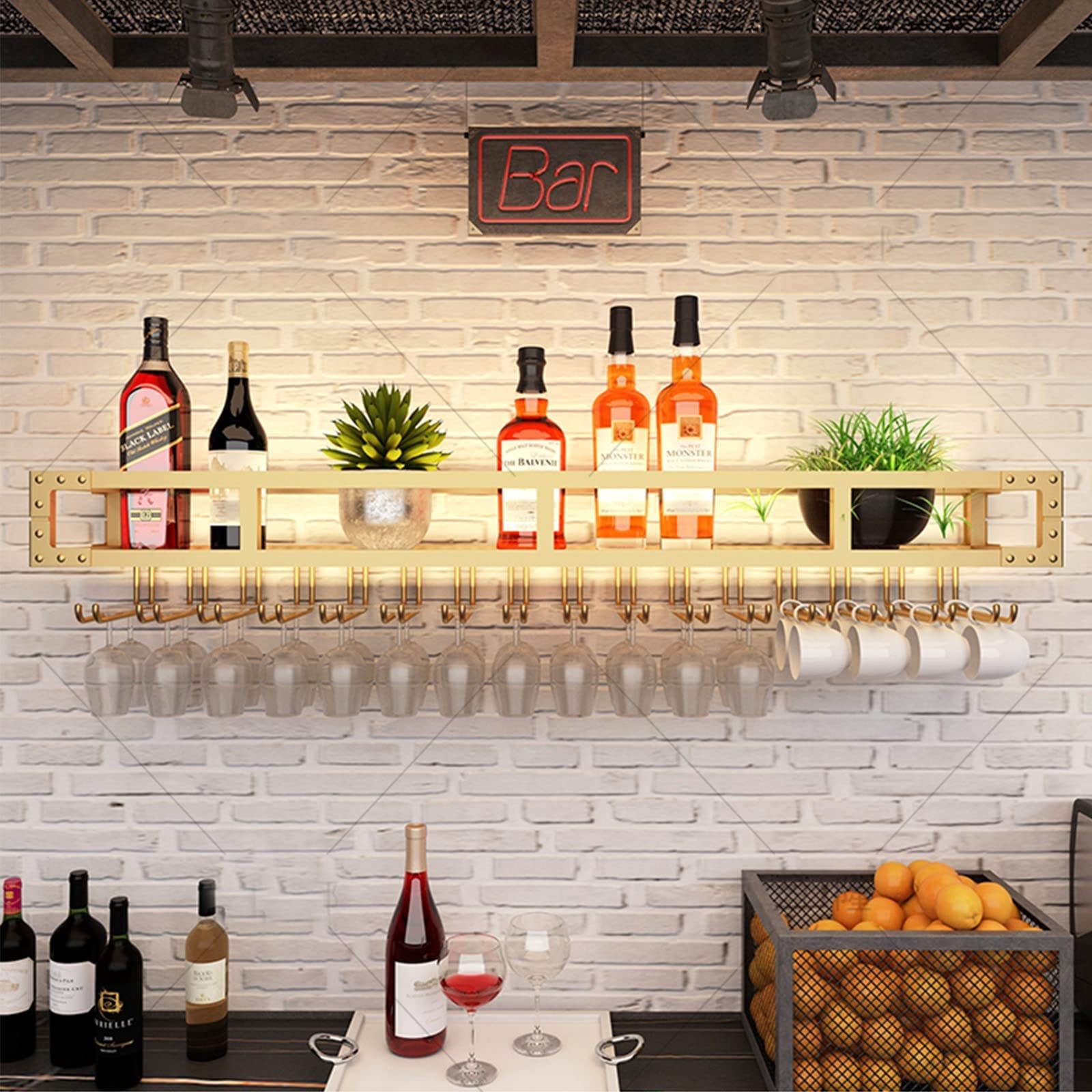 Étagères suspendues de bar en fer avec casier à vin mural et support de verre inversé pour salon