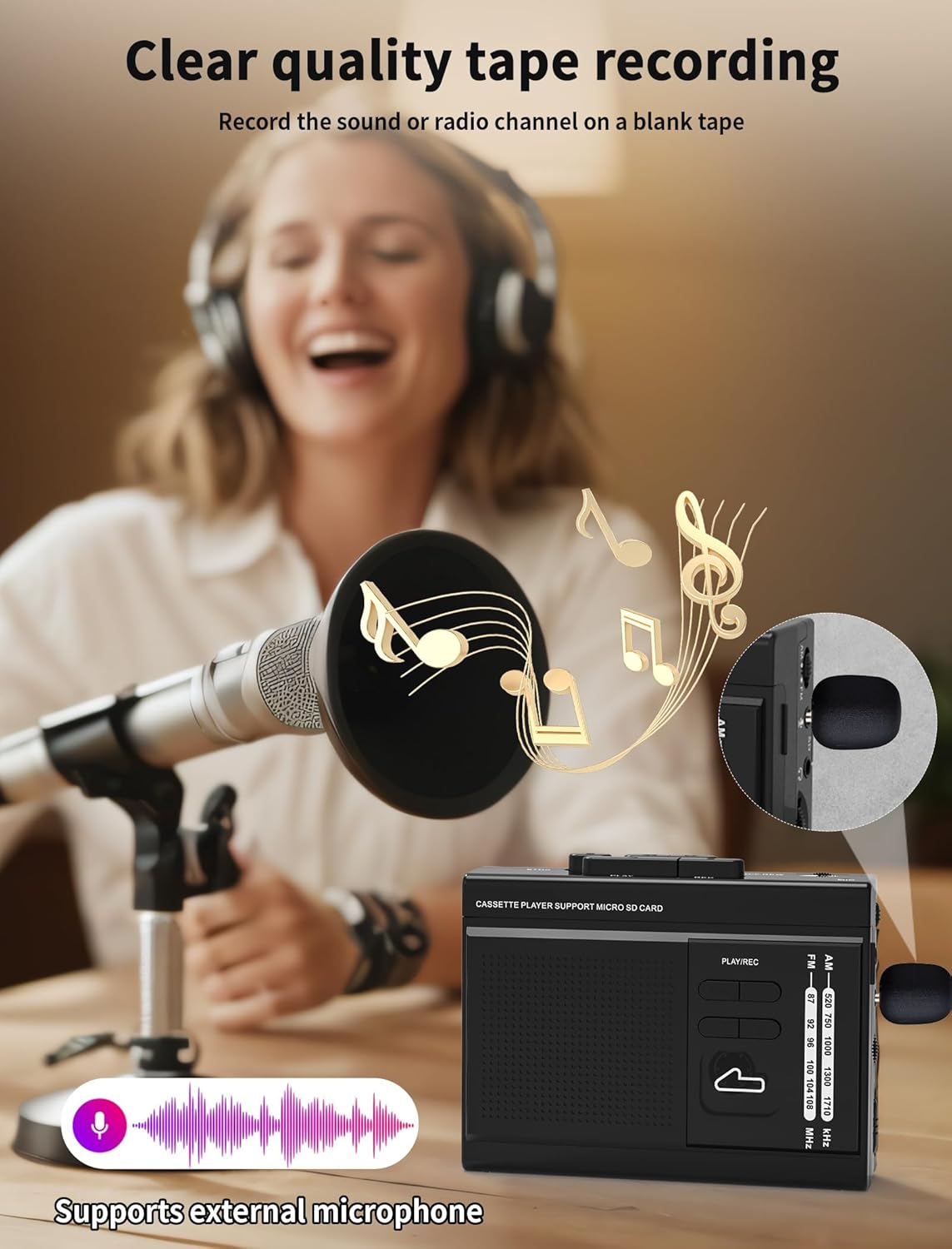 Cassette to MP3 Player via SD Card Cassette Converter with AM FM Radio,Cassette Tape Recorder,USB-C/2AA Power,Support External Microphone