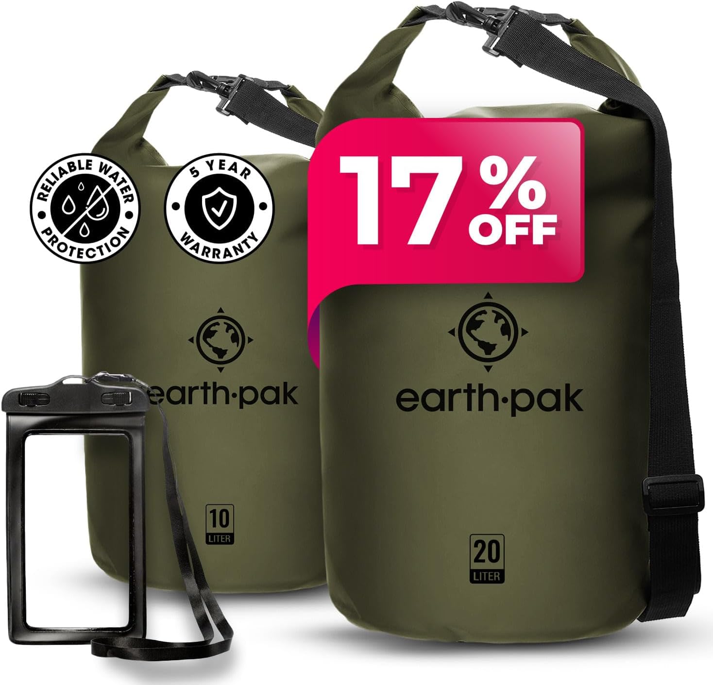 Earth Pak Waterproof Dry Bag - Roll Top Waterproof Backpack Sack Keeps Gear Dry for Kayaking, Beach, Rafting, Boating, Hiking, Camping and Fishing with Waterproof Phone Case