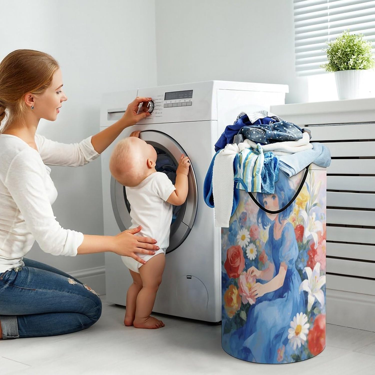 Blue Girl And Flowers Laundry Hamper 86L Waterproof Collapsible Clothes Basket with Double Handles Freestanding Foldable Laundry Basket Large Clothes Hamper for Bathroom