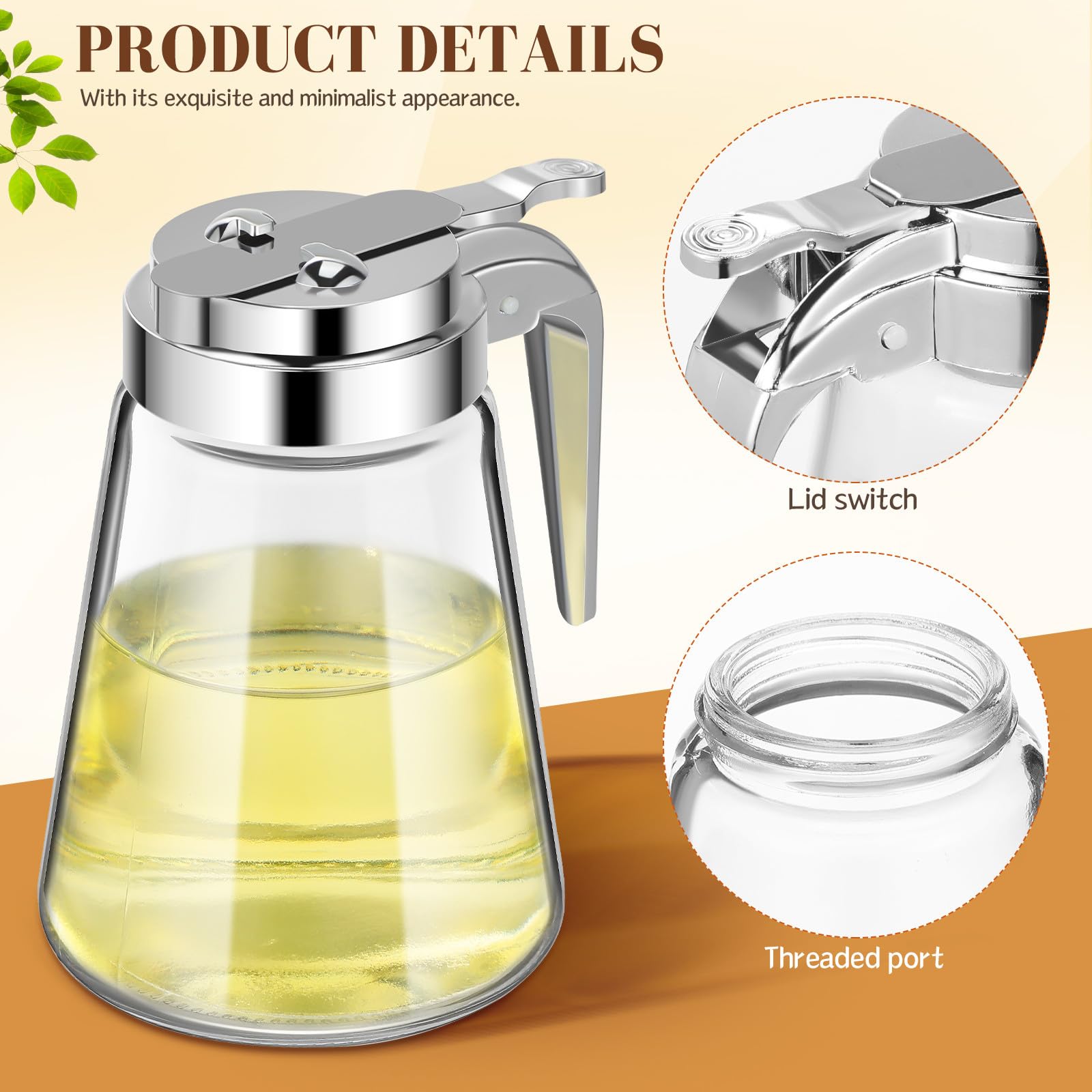 Dispensador de Jarabe de Vidrio Multifuncional y Hermético de 300ml Set de 2 Piezas Adecuado para Café, Miel o Condimentos en Cocina