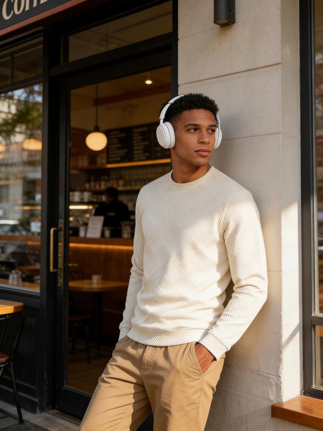 UOUA Men's Crewneck Sweatshirt Jacquard Texture Pullover Casual Long Sleeve Shirt for Fall Winter - Image 5