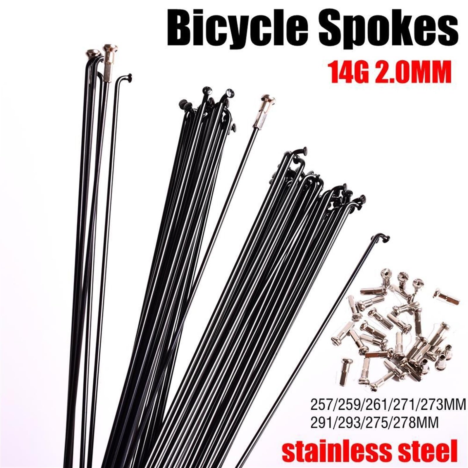 Für Fahrradspeichen, Draht, Mountainbike, Rennrad, 304 Edelstahl, 14 G, schwarz, hochfest, für Fahrradspeichen, 257 mm - 293 mm Speichenkappe