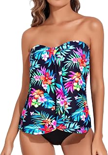 Women Two Piece Tankini Bathing Suits Halter Bandeau Swim Top with Bottom | Strapless, Flyaway, Tummy Control Swimsuit, Removable Adjustable Strap