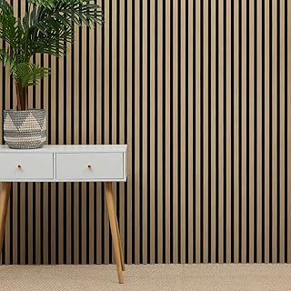 Generic WBM Acoustic Slat Wall Panel - Decorative & Sound Absorbing Wooden Slatted 3D Feature Pannelling Home Living Room Bedroom Interior Easy Installation Proofing 2400mm x 600mm Oak Natural