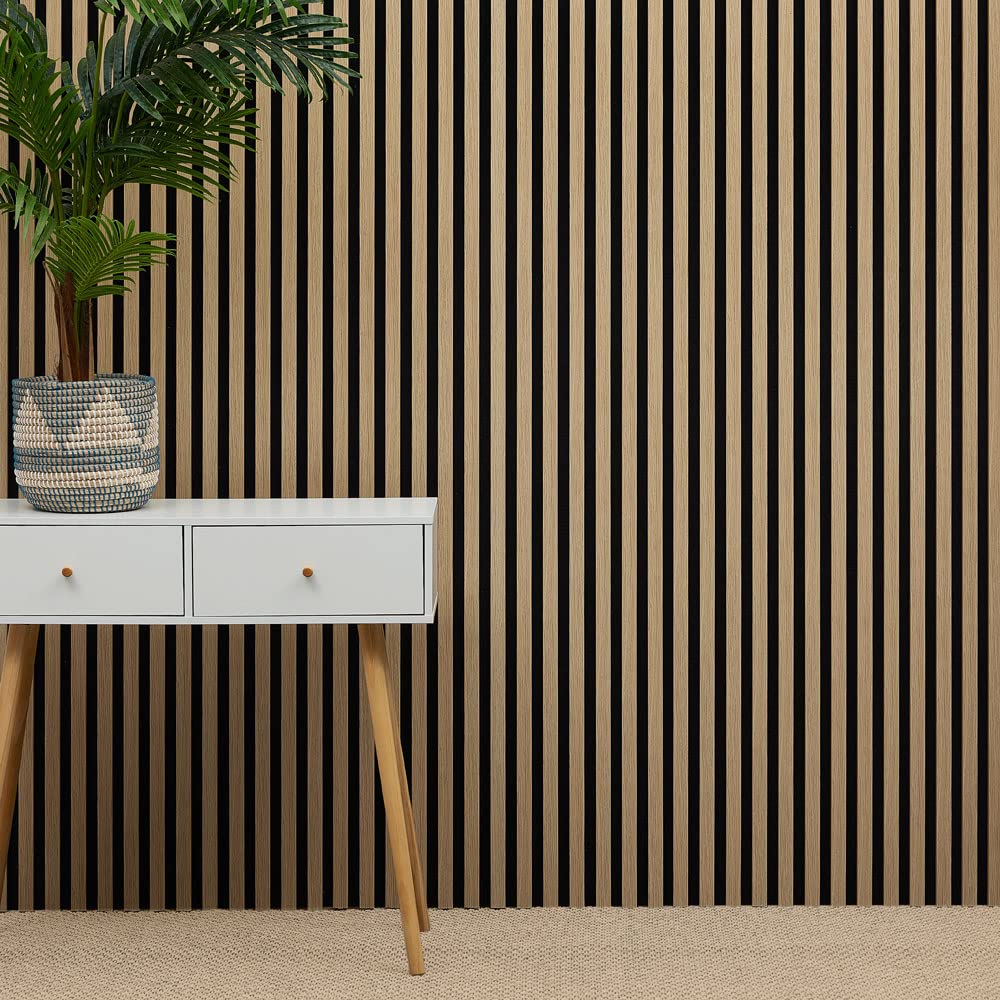 MCW Acoustic Slat Wall Panel Decorative & Sound Absorbing Wooden Slatted 3D Feature Pannelling Home Living Room Bedroom Interior Easy Installation Proofing Oak Natural 2400mm x 600mm