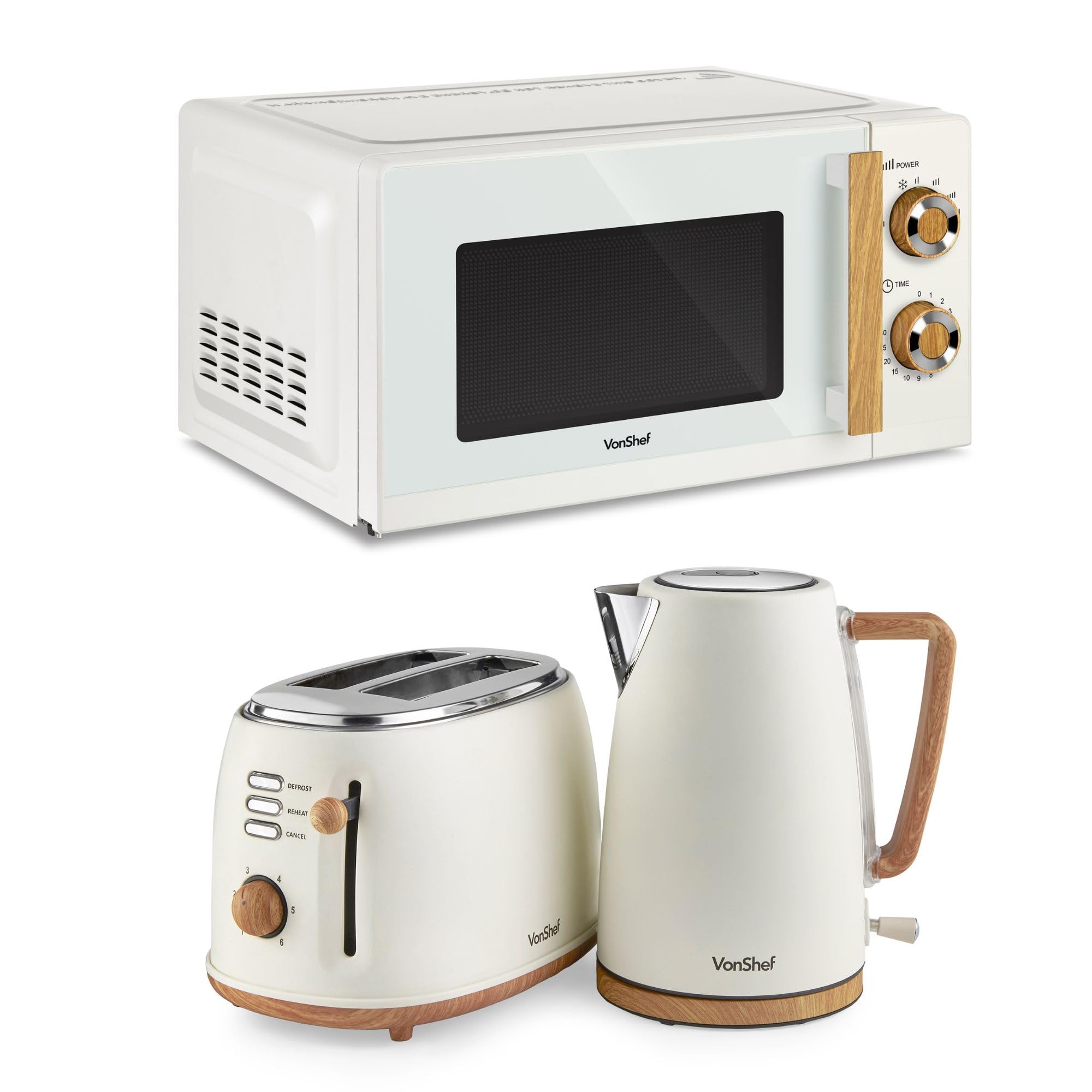VonShef Microwave Kettle Toaster Set – Scandi Kitchen Set, 1.7L Nordic Rapid Boil Kettle, Wide Slot Toaster 2 Slice with 6 Browning Controls, and 20L Microwave with 6 Power Levels – Fika Range, Cream — image 1