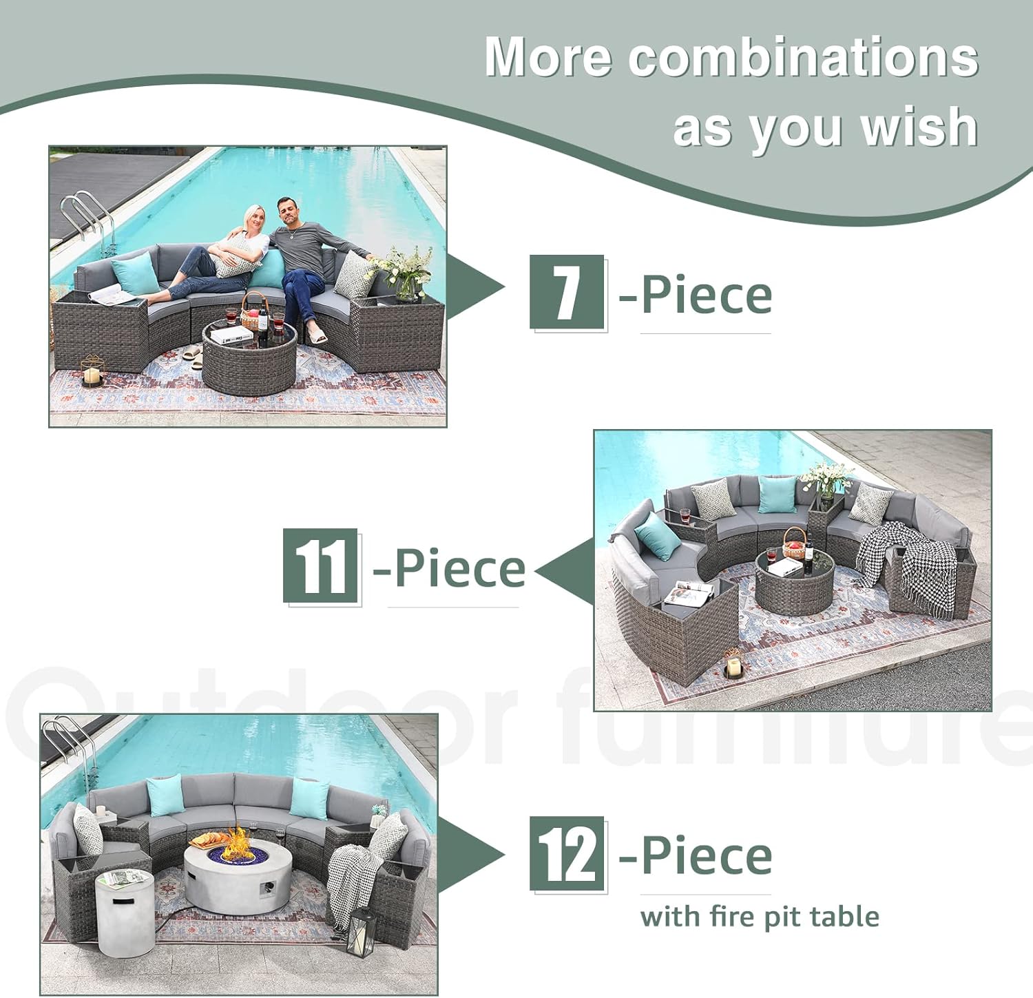 SUNSITT Outdoor 2-Piece Half-Moon Patio Furniture Curved Outdoor Sofa Wicker Sectional Set with Grey Cushions | Wicker, Sectional, Grey Cushions