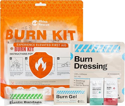 RHINO RESCUE Kit de quemaduras, 4 apósitos para quemaduras de 4 x 4 pulgadas, 8 paquetes de gel para quemaduras de 0.13 onzas, 4 almohadillas de