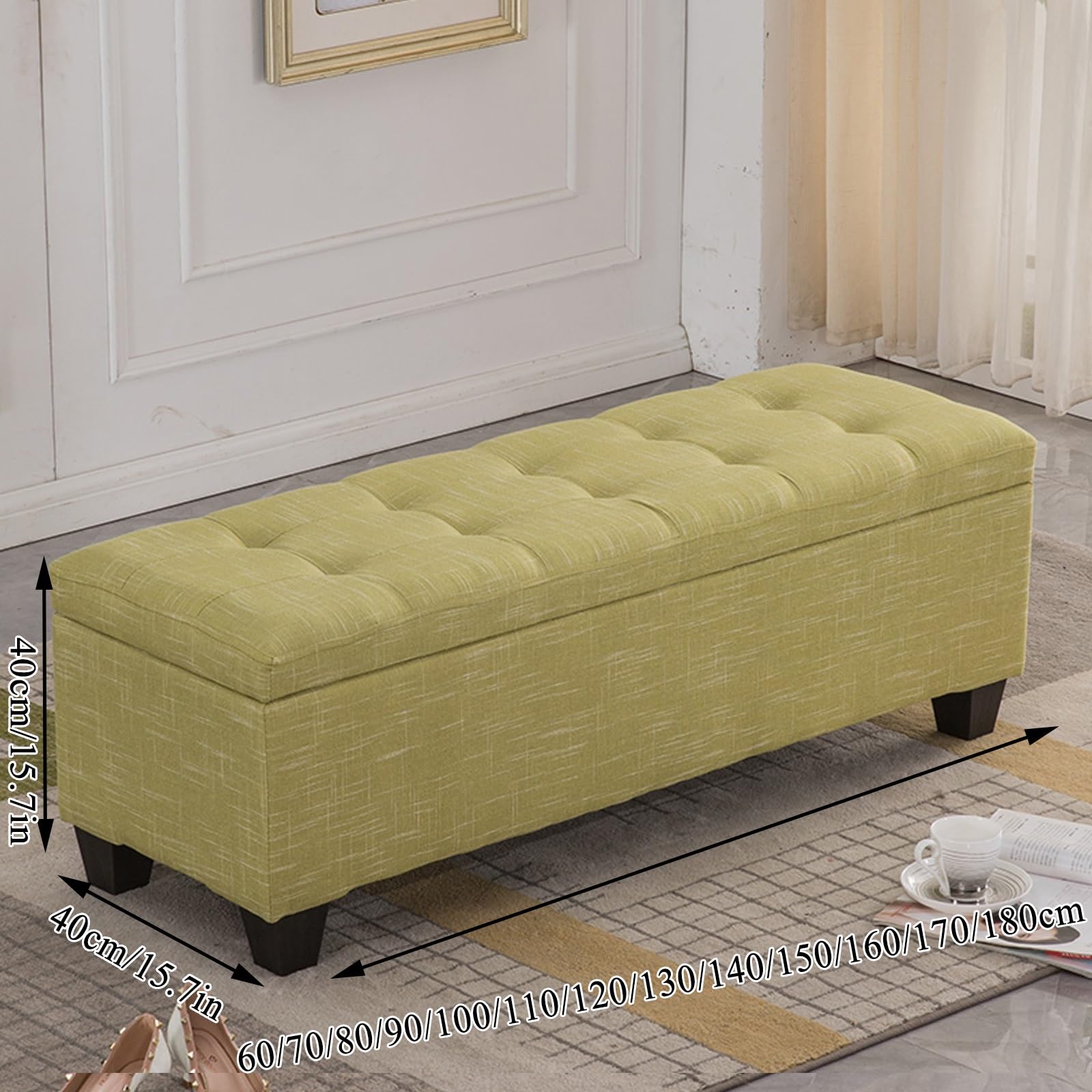 Salon chambre bout de lit banc banc d'entrée，rangement Tabouret à l'entrée，banc de rangement chambre，tabouret en tissu de lin，Siège rembourré，repose-pieds de maison moderne(Fruit green,130*40*40cm/51*