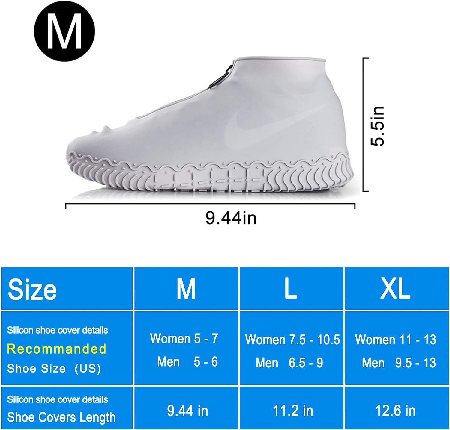 Shiwely Waterproof Shoe Covers, Silicone Reusable Shoe Cover Non-slip Durable Zipper Elastic Rain Cover Protection for Men Women (M (Women 5-7, Men 5-6), Grey) image 5