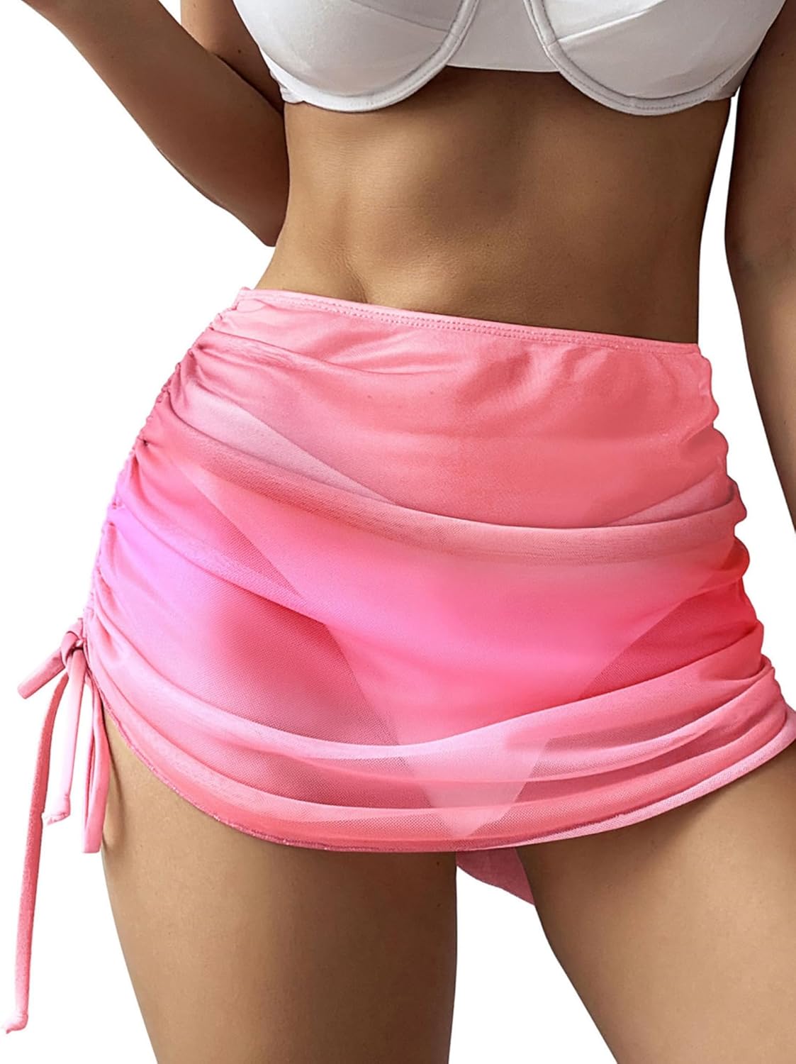 ZAFUL Women's Beach Cover Up Skirt Mesh Sheer Ruched Drawstring Short Swim Skirt Cover Ups for Swimwear