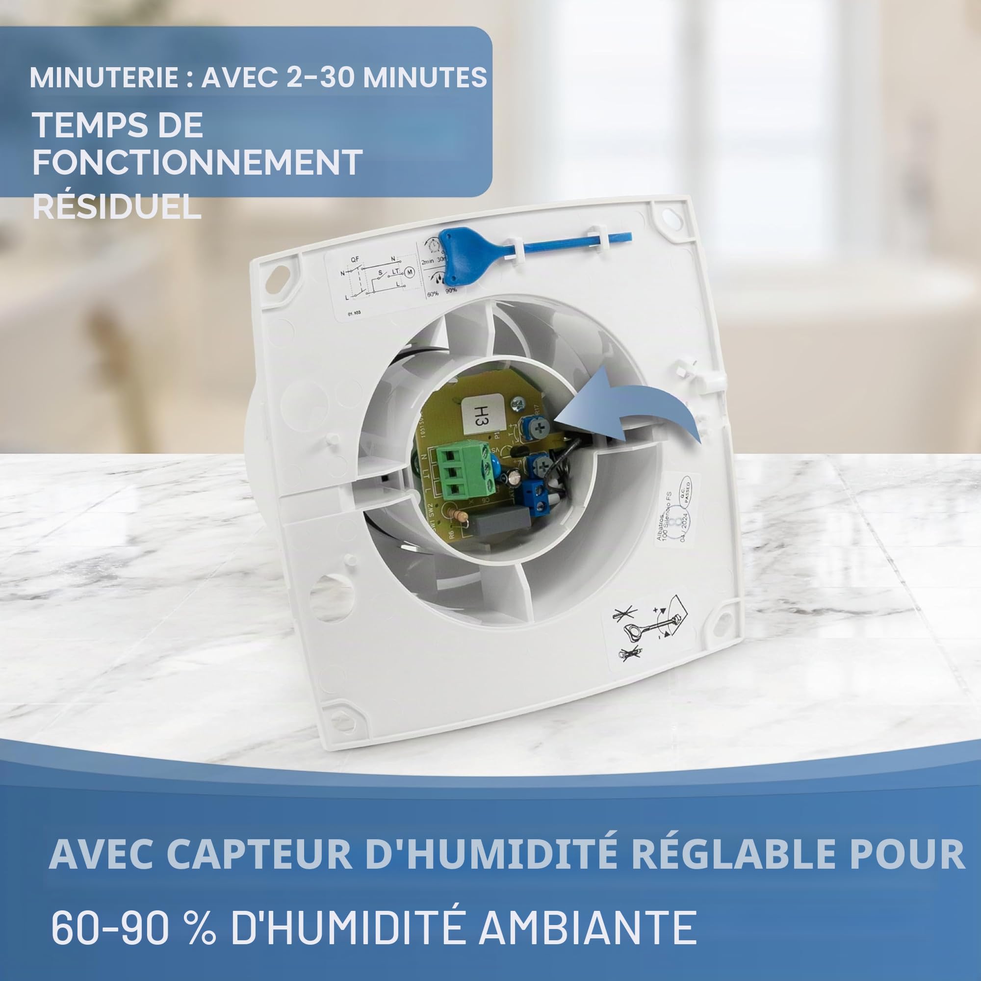 Albatros Ventilateur de salle de bain 100 mm avec capteur d'humidité et minuterie – Extra silencieux et puissant – Ventilateur de salle de bain innovant – Crée un climat de bien-être agréable – 100