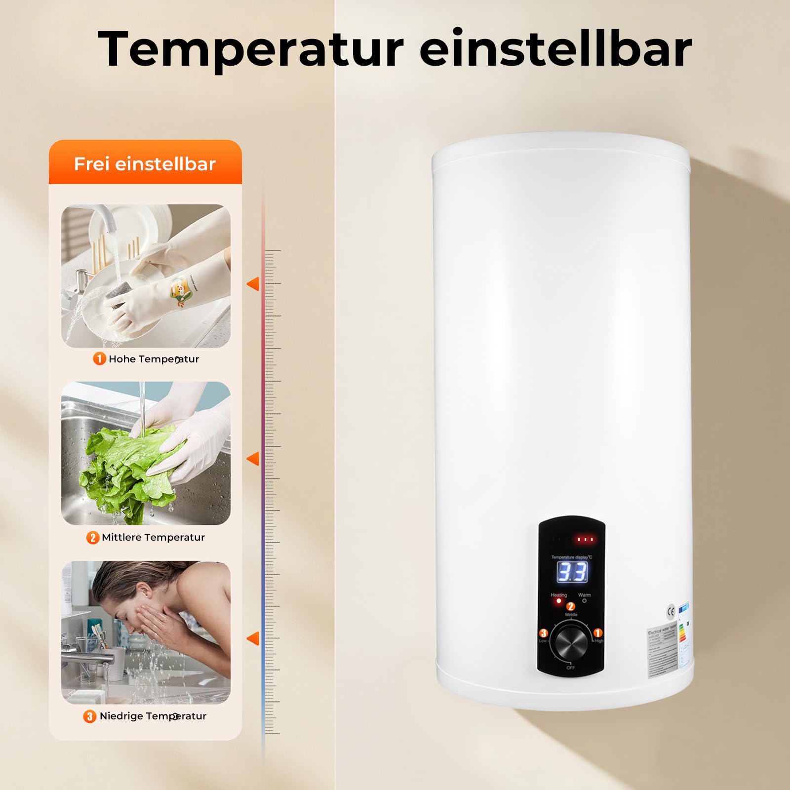 Chauffe-eau électrique 80 l, 2 kW 220 V IPX4 vertical LED chauffe-eau de stockage chauffe-eau eau eau froide et chaude chauffe-eau électrique ABS mural pour cuisines, toilettes