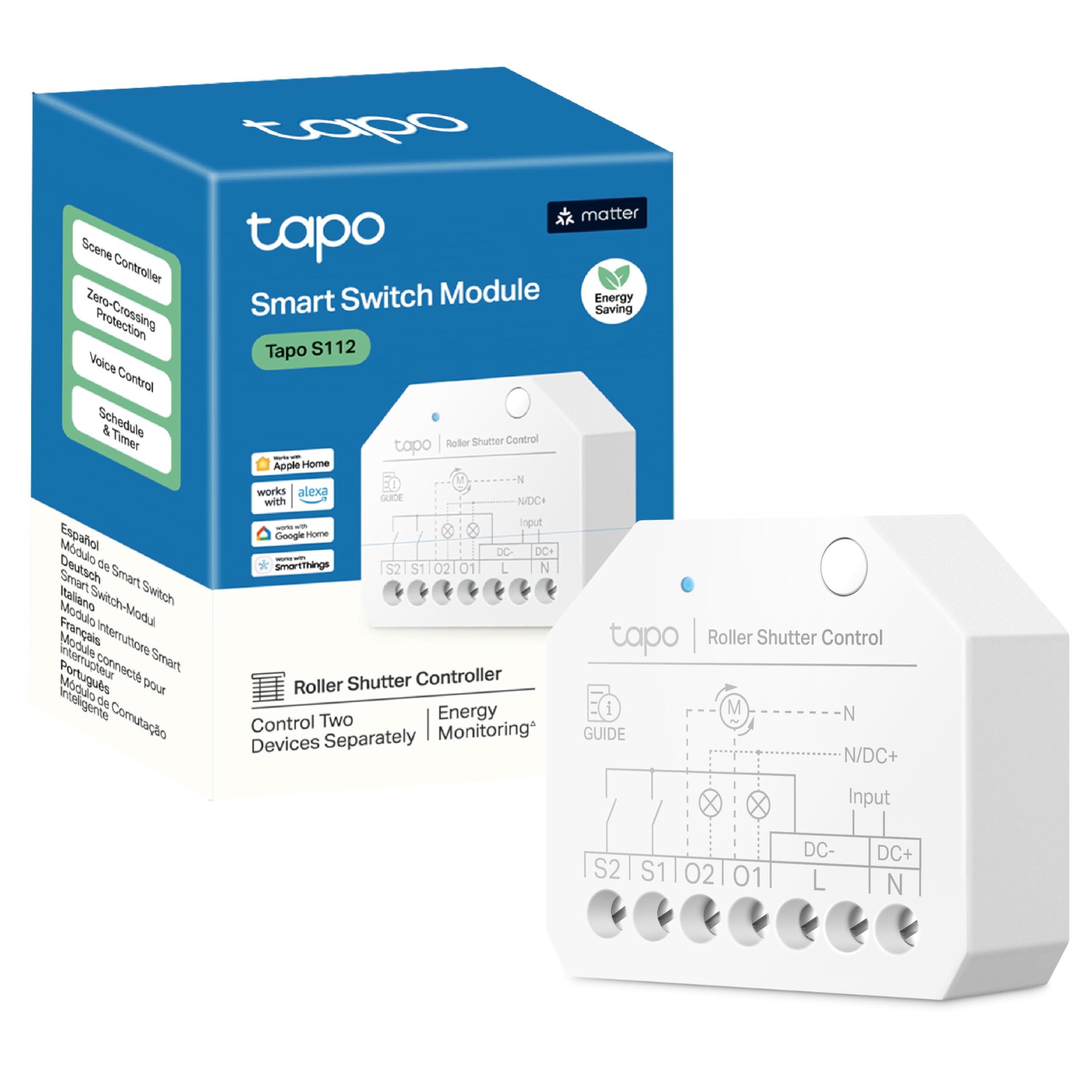 Tapo Tapo S112 | 2-Kanal WLAN und Bluetooth Smart Relaisschalter – 6A | Rolladen- und Lichtsteuerung mit Stromverbrauchsmessung | Matter-kompatibel | Fernsteuerung per App | Kein Hub erforderlich