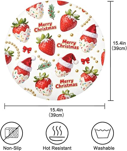 Miniatura 3 de Merry Christmas Red Strawberry Round Place mat Christmas Reversible Quilted placemat individuales para mesa de comedor Rose Gold 15.4x15.4in Set of 6