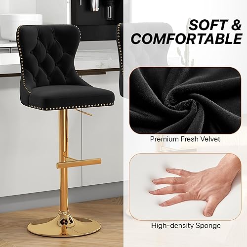 Miniatura 6 de GOOLON Juego de 2 taburetes de bar, taburetes de terciopelo giratorios de altura de mostrador con respaldo acolchado, asiento ajustable con ribete