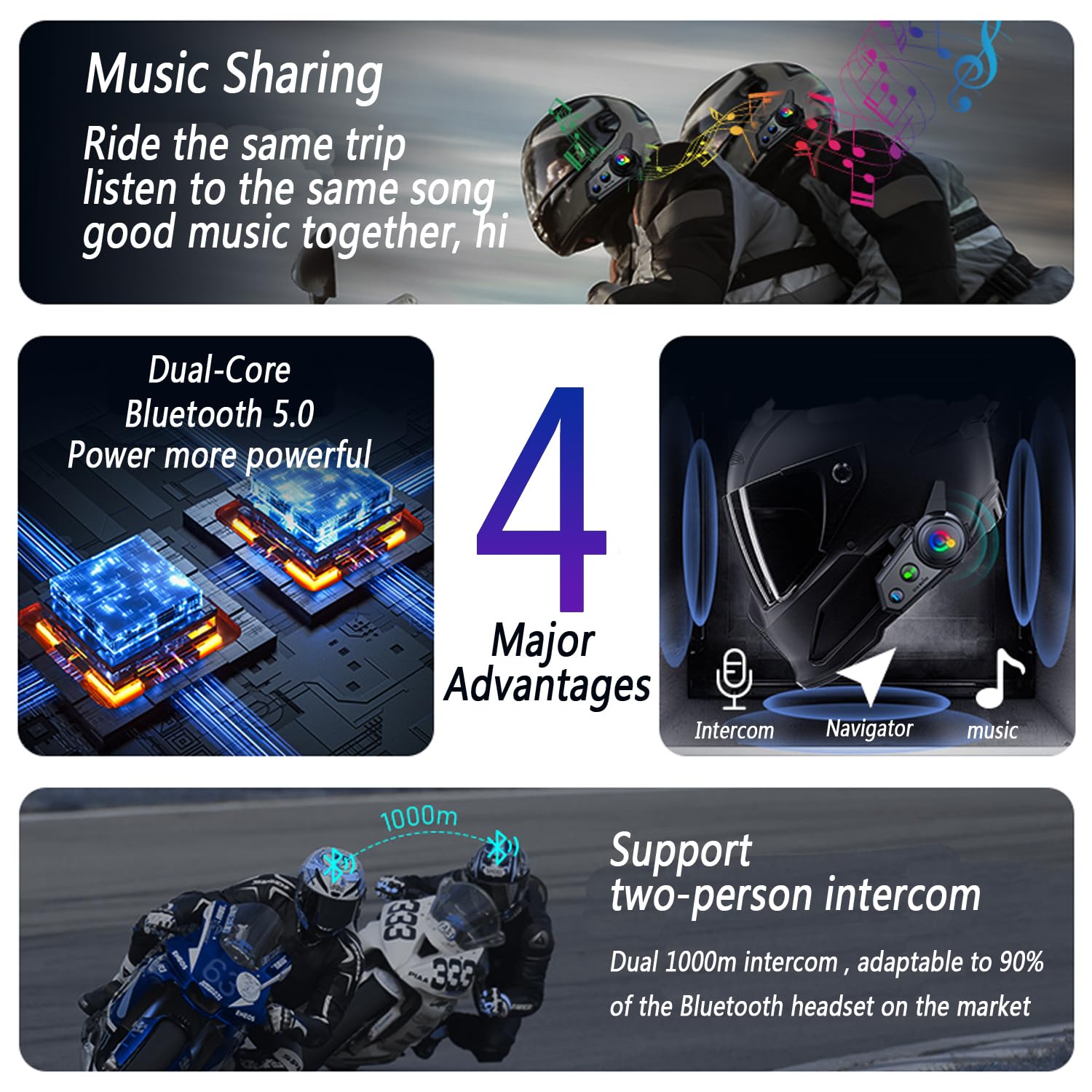 Intercomunicador Bluetooth para Motocicleta,Q18 Intercomunicador de Casco con Música Compartida, 1000m 2 vías Intercomunicador de Moto Reducción de Ruido CVC Respuesta Automática