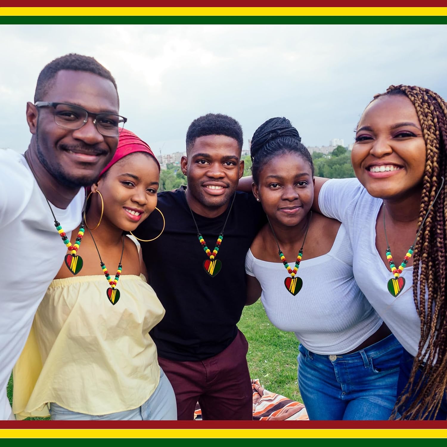 Ecally 24 Sets Juneteenth Beaded Crafts Kit Happy Juneteenth Necklace Craft Black Red Green Yellow Heart Pendant Beaded Decorations for Freedom Day DIY Activities Party Supplies