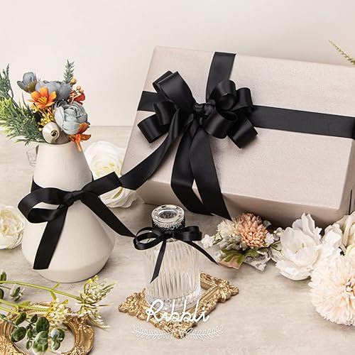 Miniatura 5 de Ribbli 3 Rollos de Cinta de Manualidades de Satén Negro Sólido de Doble Cara, Total 30 Yardas