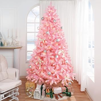Naomi Home 7.5 ft Pink Pre-Lit Christmas Tree, 600 Warm Lights