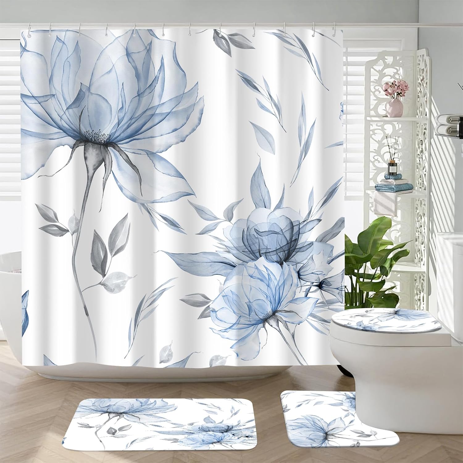 4PCS Blue Grey Watercolor Floral Shower Curtains Set, with Non-Slip Rugs, Toilet Lid Cover and Bath Mat, Flower Leaves Aesthetic Fabric Shower Curtain for Bathroom Decor, Waterproof 12 Hooks 72X72