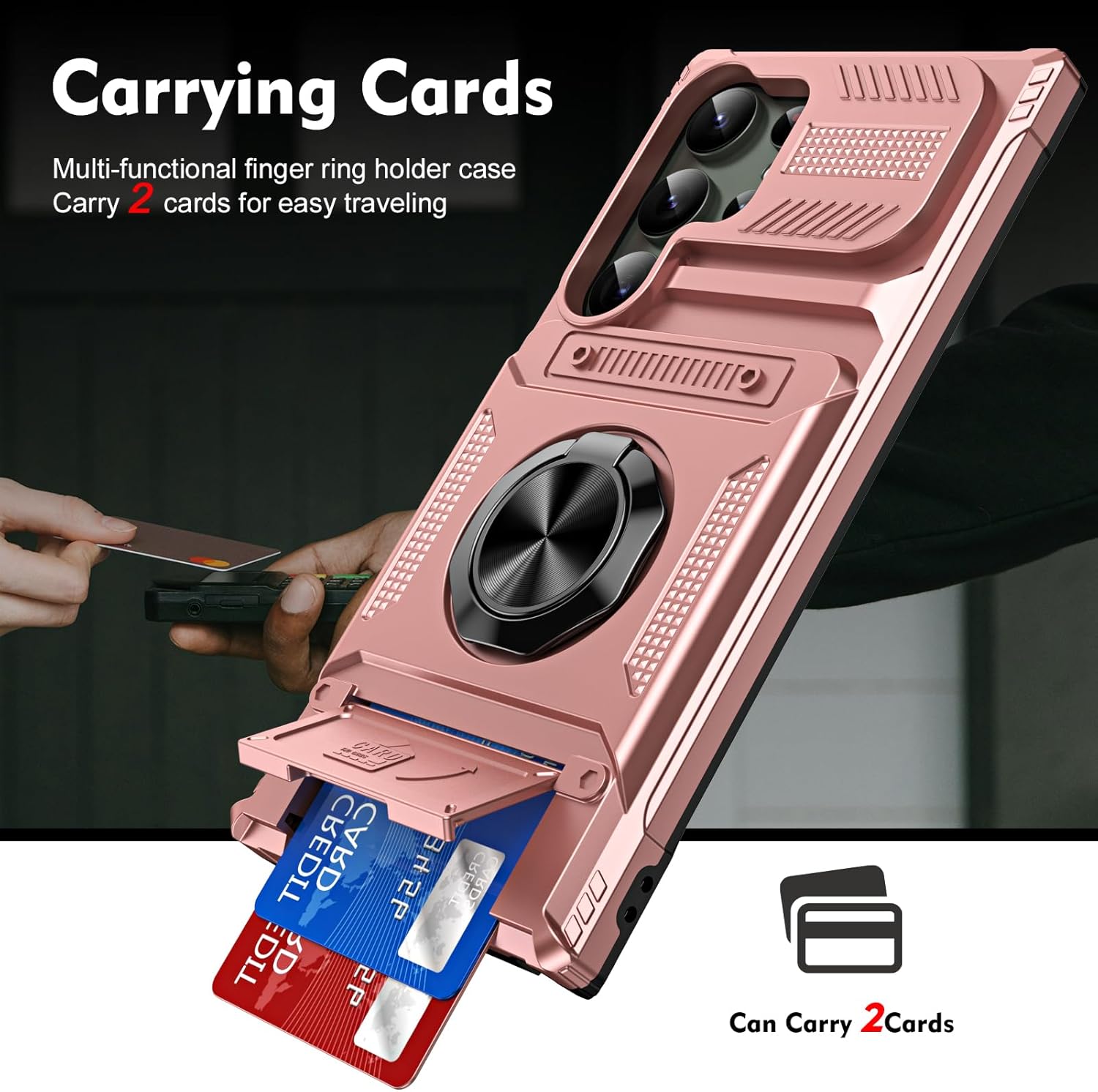 Furiet Phone Case for Samsung Galaxy S25 Ultra 5G with Tempered Glass Screen Protector Card Slot Ring Stand Shockproof Bumper Hybrid Two Layer Defender for S25Ultra 25S S 25 25Ultra 6.9 2025 Rose Gold - Image 2