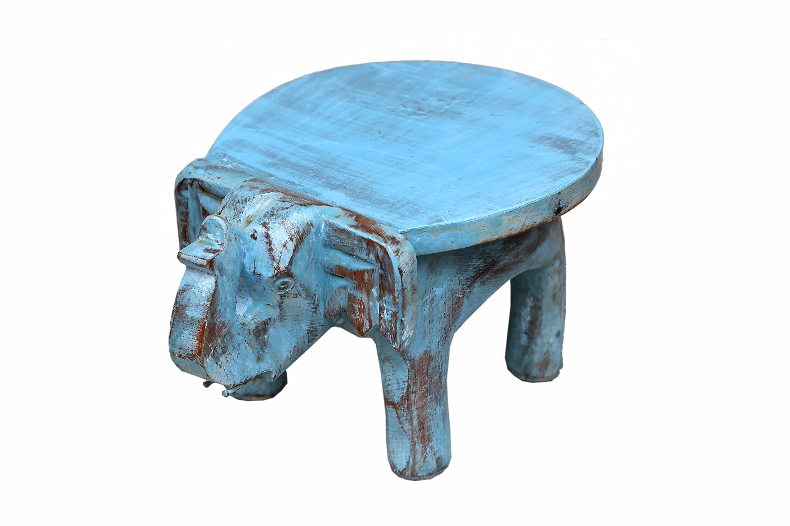 Auspicious Wooden Elephant Statue Showpiece for Prosperity - Height 4.5 inches (Blue Reclaimed)