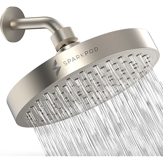 SparkPod Fixed Shower Head - High Pressure Rain - Luxury Modern Look - Easy Tool Free Installation - The Perfect Adjustable Replacement (Brushed Nickel, 15cm Round)
