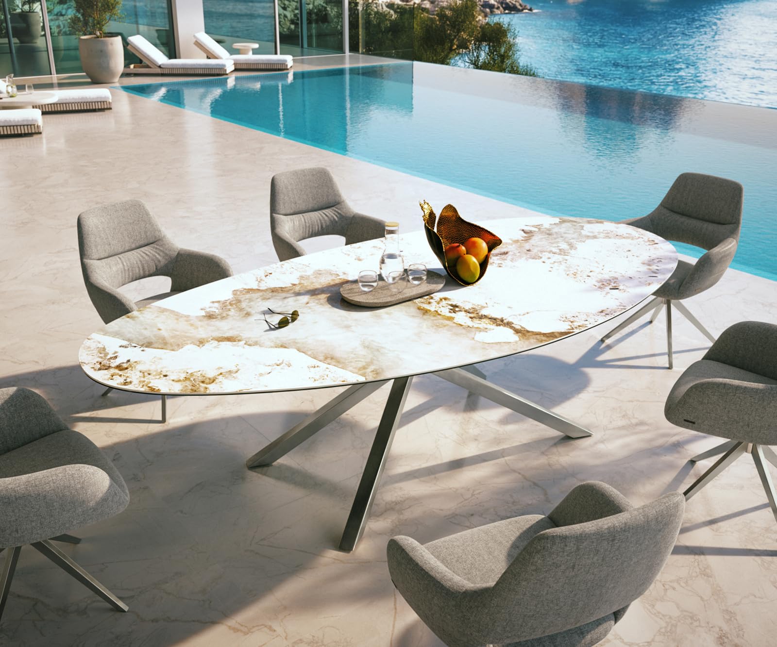 Table d’extérieur Edge Ovale 280x130 cm céramique Minas Melange blanc-beige