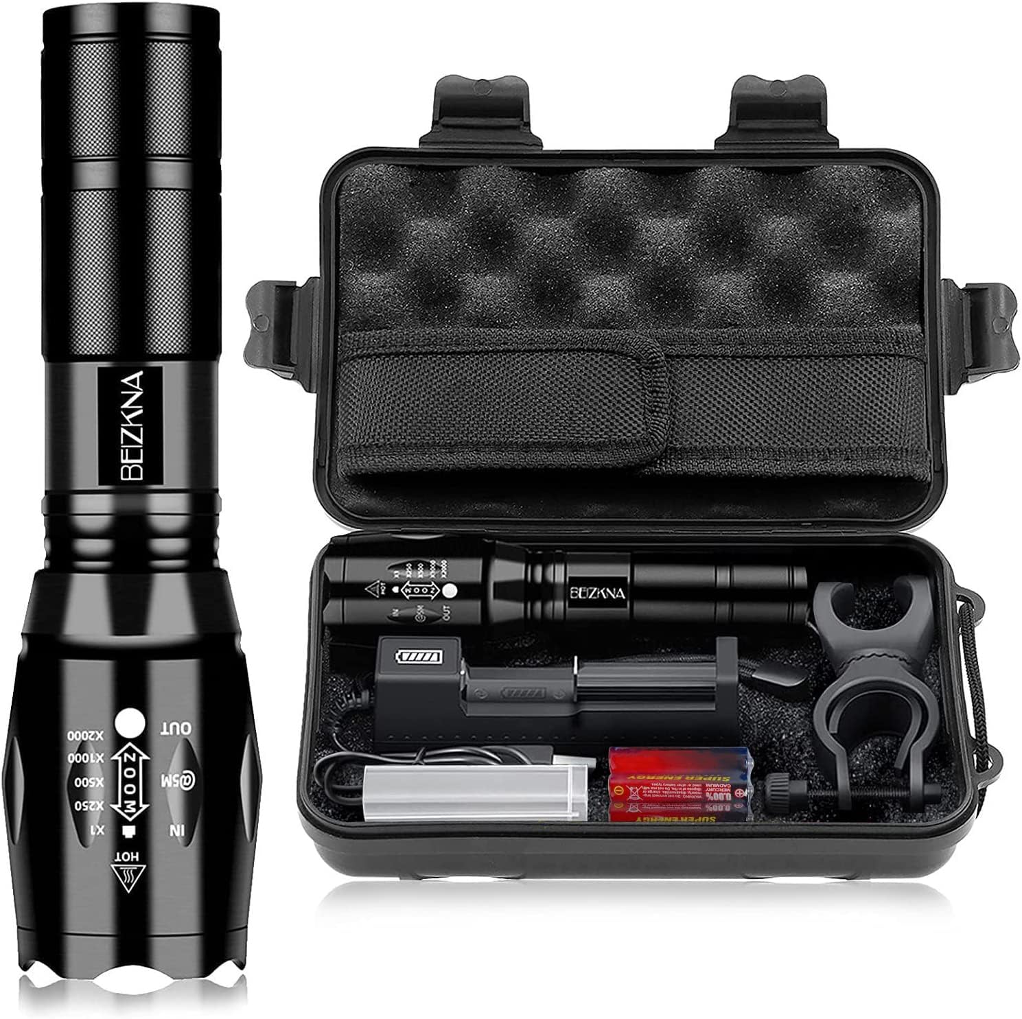 LED Torch Rechargeable Torches Super Bright 2000L Battery Powered Powerful Flashlight L2 CREE Adjustable Focus 5 Modes IP65 Waterproof Outdoor Handheld Pocket Flash Light for Camping Hiking Emergency