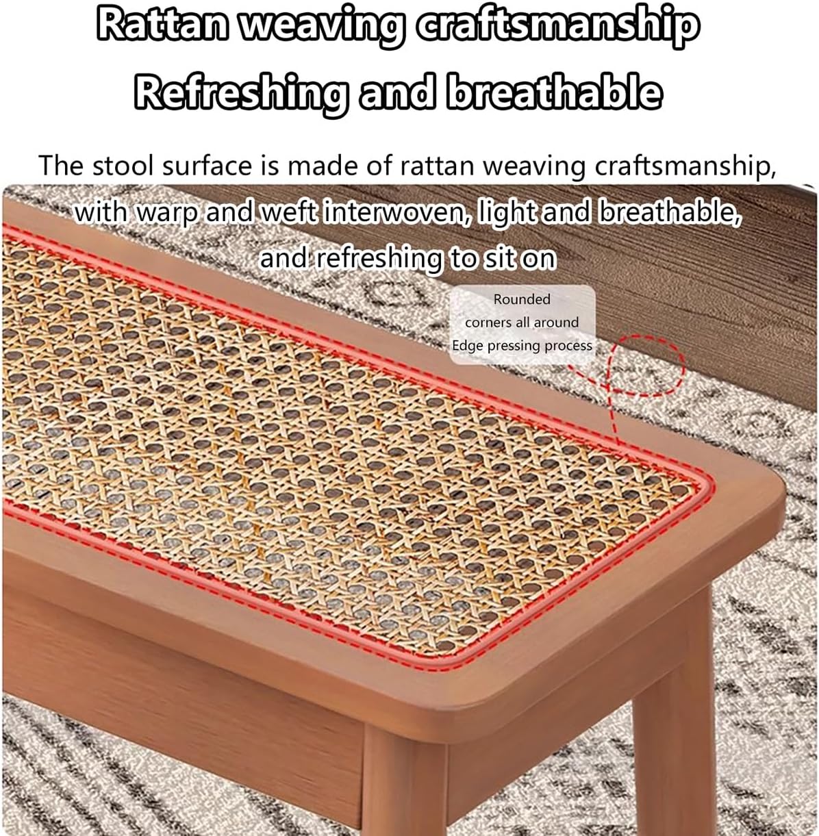 Solid Hardwood Legs, Modern Wicker Rattan Dining Bench, Farmhouse Indoor Kitchen Table Benches, with Armless Design and Short Height, for Living Room, Hallway, Bedroom, Bathroom.(Brown)