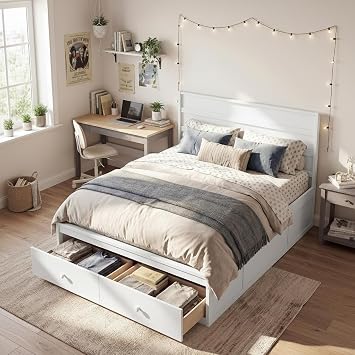 KOMFOTT Full Bed with 2 Drawers, Full Storage Bed with Solid Slats Support, Headboard and Footboard, Wood Bed Frame for Kids Teens and Adults, No Box Spring Needed White,Full