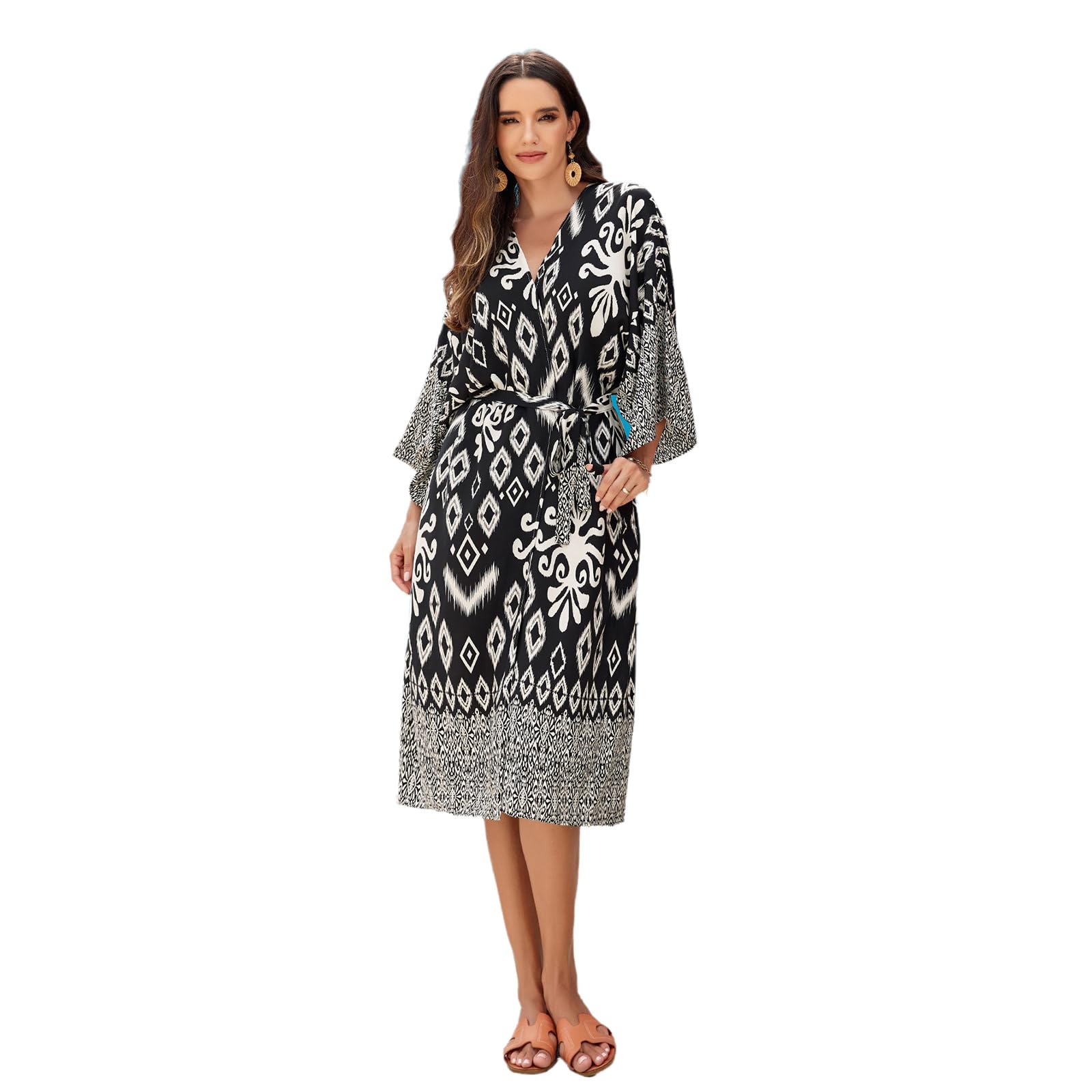 Traje de baño tipo kimono de manga larga para mujer, estampado geométrico, frente abierto, holgado, chal, vestido de playa con cinturón