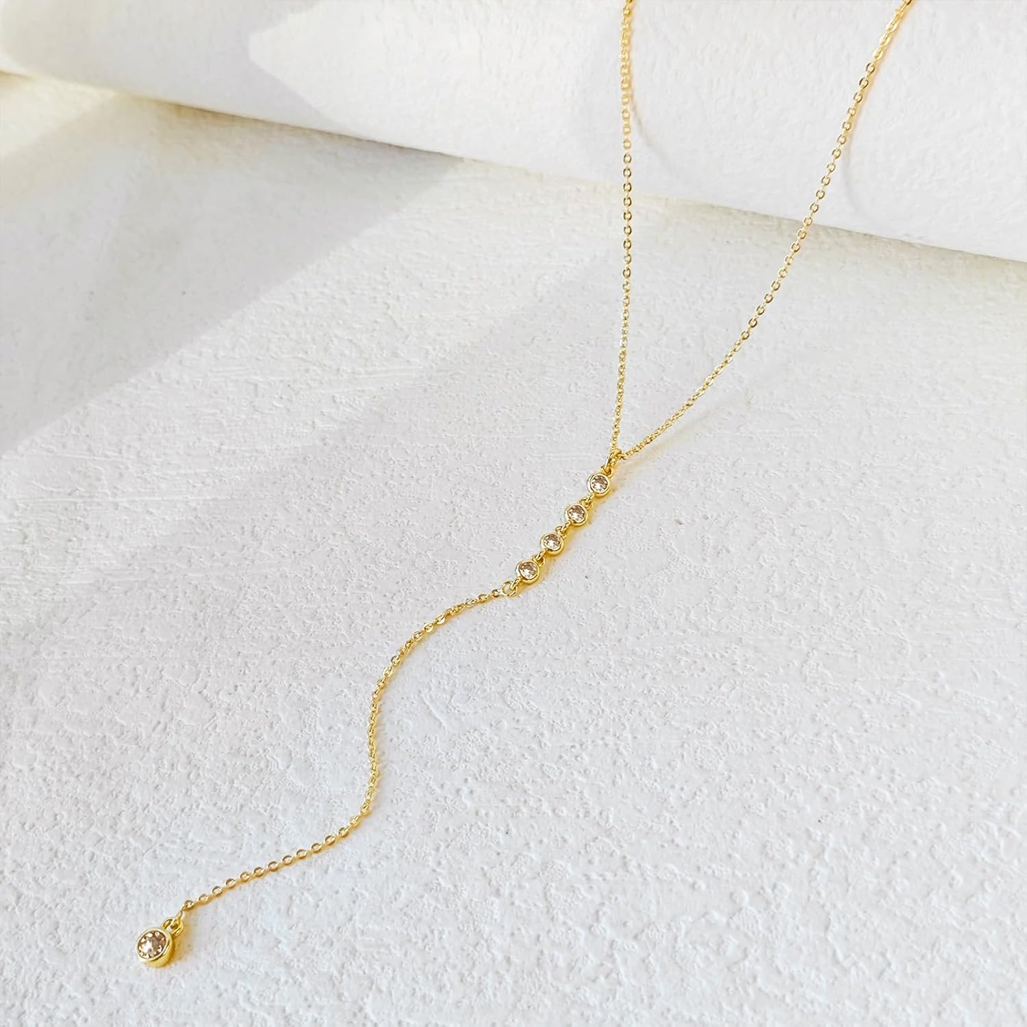 Lariat Silver/Gold Necklace for Women 925 Silver/14K Gold Plated Dainty Long Necklace Y-Shaped Drop Pendant Necklaces Choker Trendy Chain Simple Layered Necklaces CZ Jewelry for Women Set Gift - Image 5
