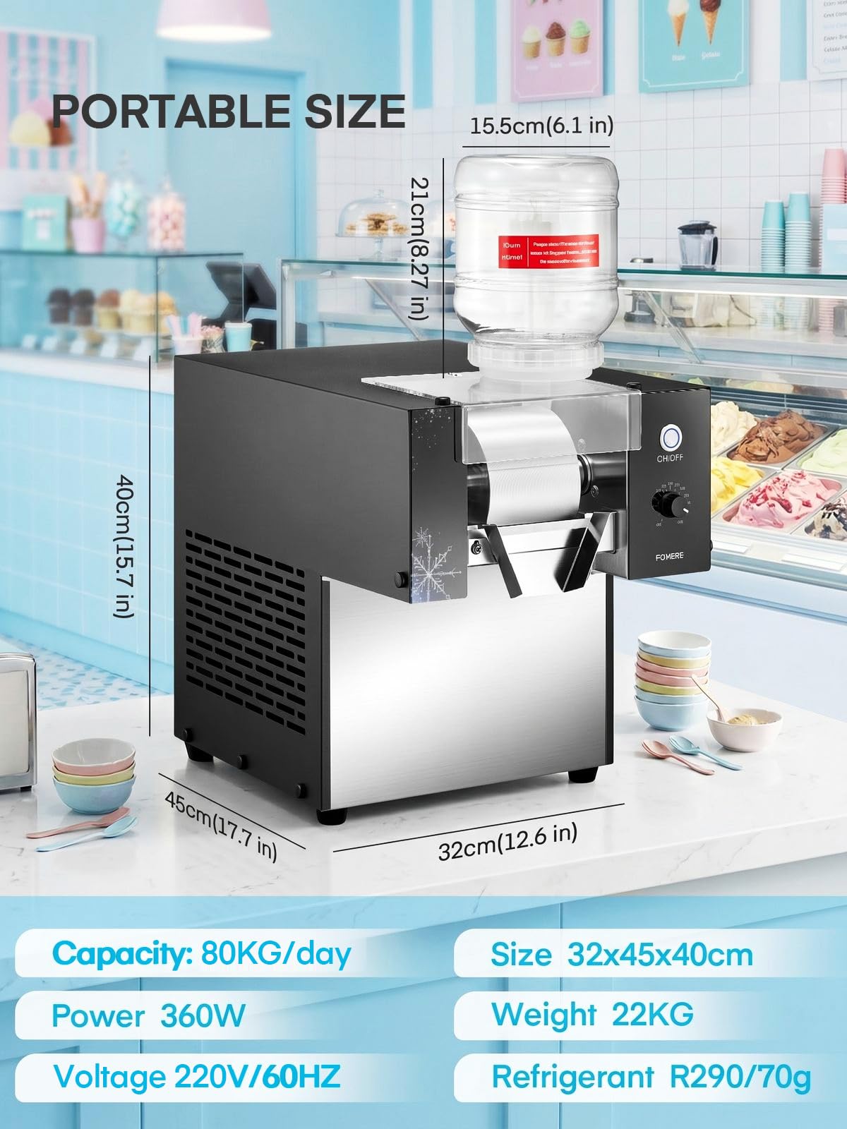 FOHERE Gewerbliche Schnee-Eismaschine 80kg/24h Edelstahl Bingsu Maschine mit Selbstreinigungsfunktion Kompressor Geschwindigkeitsregler