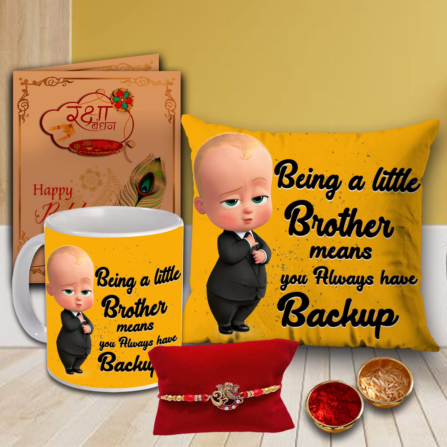 Best Rakhi Gift for Brother Raksha Bandhan Gift Set Premium Rakhi with Cushion Pillow (12 * 12 Inch) Ceramic Mug Mini Greeting Card and Roli Set Birthday Gift for Brother-image-38
