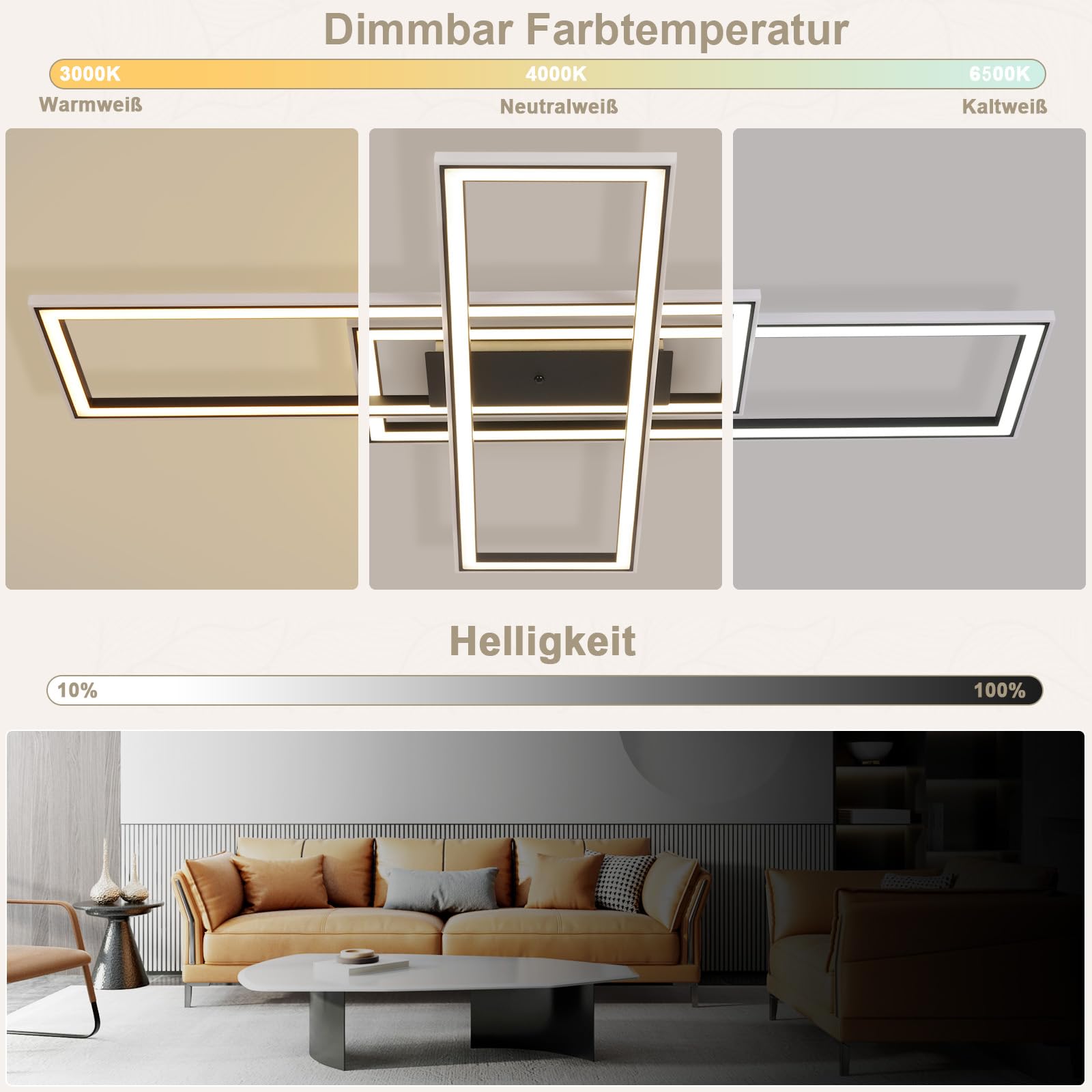 Homefire Deckenleuchte LED Deckenlampe Wohnzimmer 50W Schwarz Dimmbar RGB