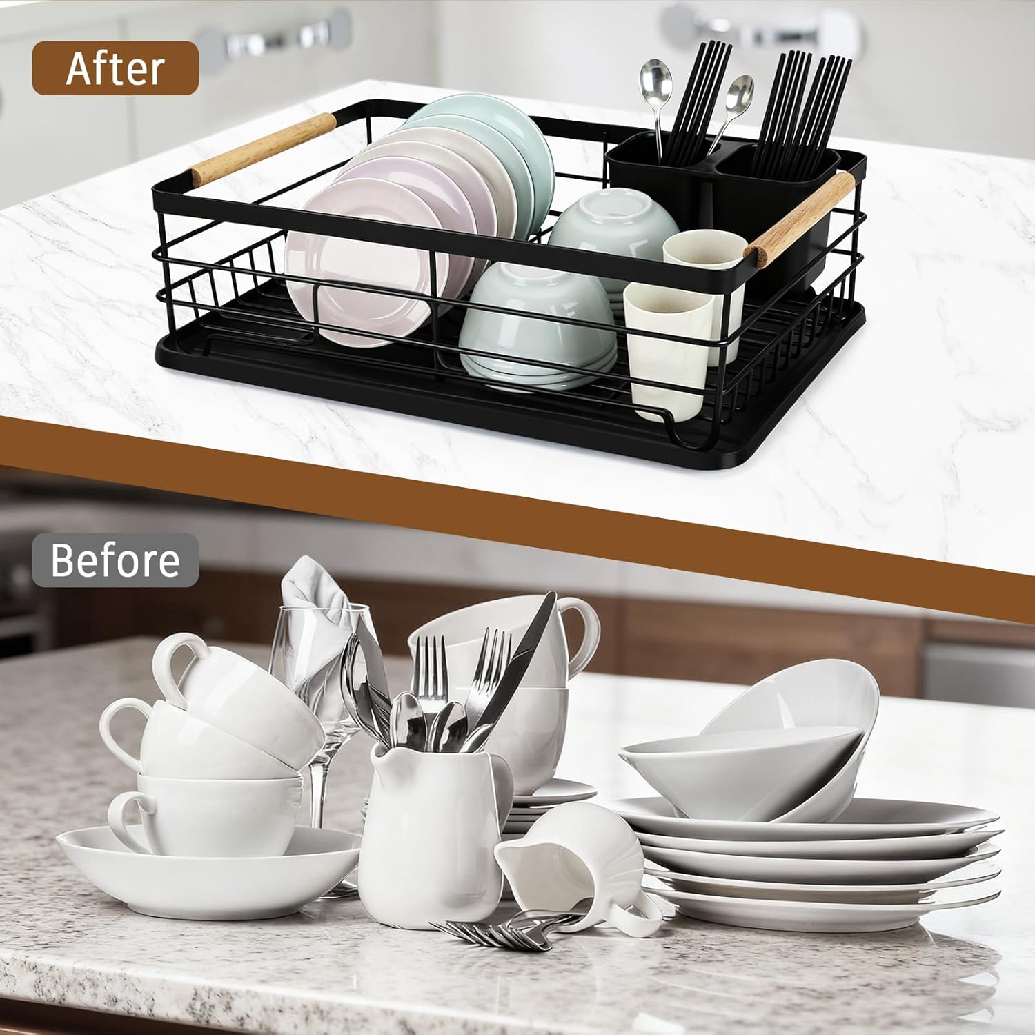 Dish Racks for Kitchen Counter, Thickened Metal Dish Drying Rack with Wooden Handles, Kitchen Countertop Organizer for Dishes, Spoons and Forks, No Assembly, Black, 16.7''*12.6''*5.12''