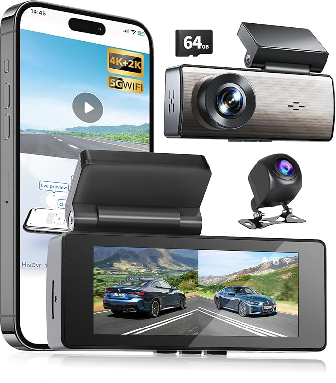 4K+2K Car Dash Cam Front and Rear, 2 Channel Dual Dash Camera 64G Card, Advanced Star-Level Night Vision,24H Parking Mode,Loop Recording,G-Sensors,3.16" Screen, 5GHz WiFi & APP Control