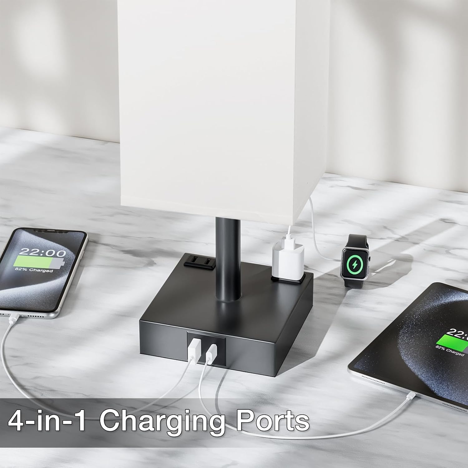 Touch Bedside Table Lamp For Nightstand - 3-Way Dimmable Night Lamp with USB A + Type C Charging Ports and two AC Outlets, Small Desk Light with E26 LED Bulb for Bedroom Living Room ,WHITE BLACK