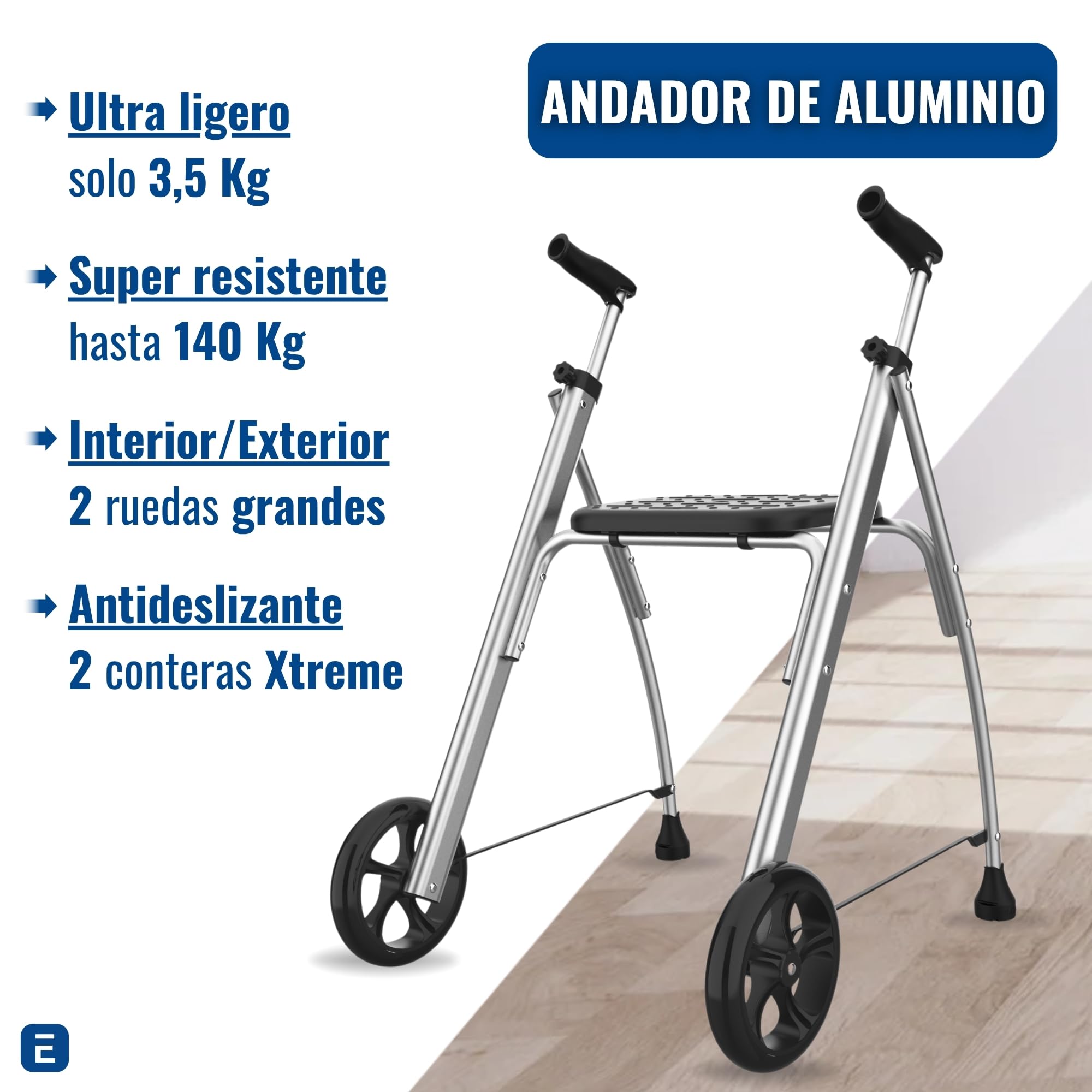 INDESmed - Andador Plegable con Asiento de Aluminio para ancianos, personas con movilidad reducida o rehabilitación. Ajuste preciso, Mango antitendinitis y antideslizante, 2 Ruedas (Morado)