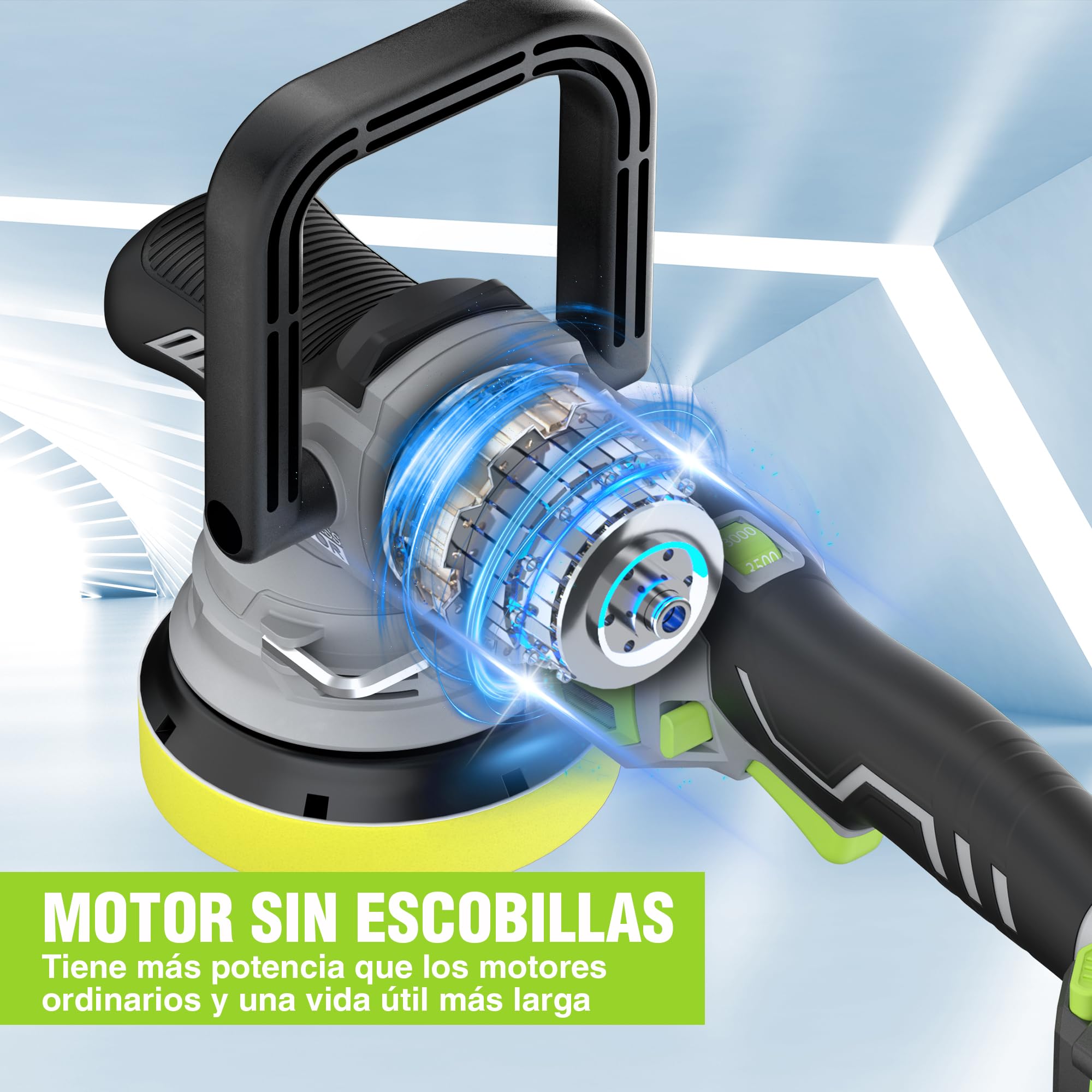 WORKPRO 20V Pulidora Coche Sin Escobillas, Pilidora Orbital Inalámbrica de Acción Doble, 7 Velocidades (2000-5000RPM), Mango D Desmontable, con Bolsa, para Pulido de Coche, Suelo, Baldosa, Mueble
