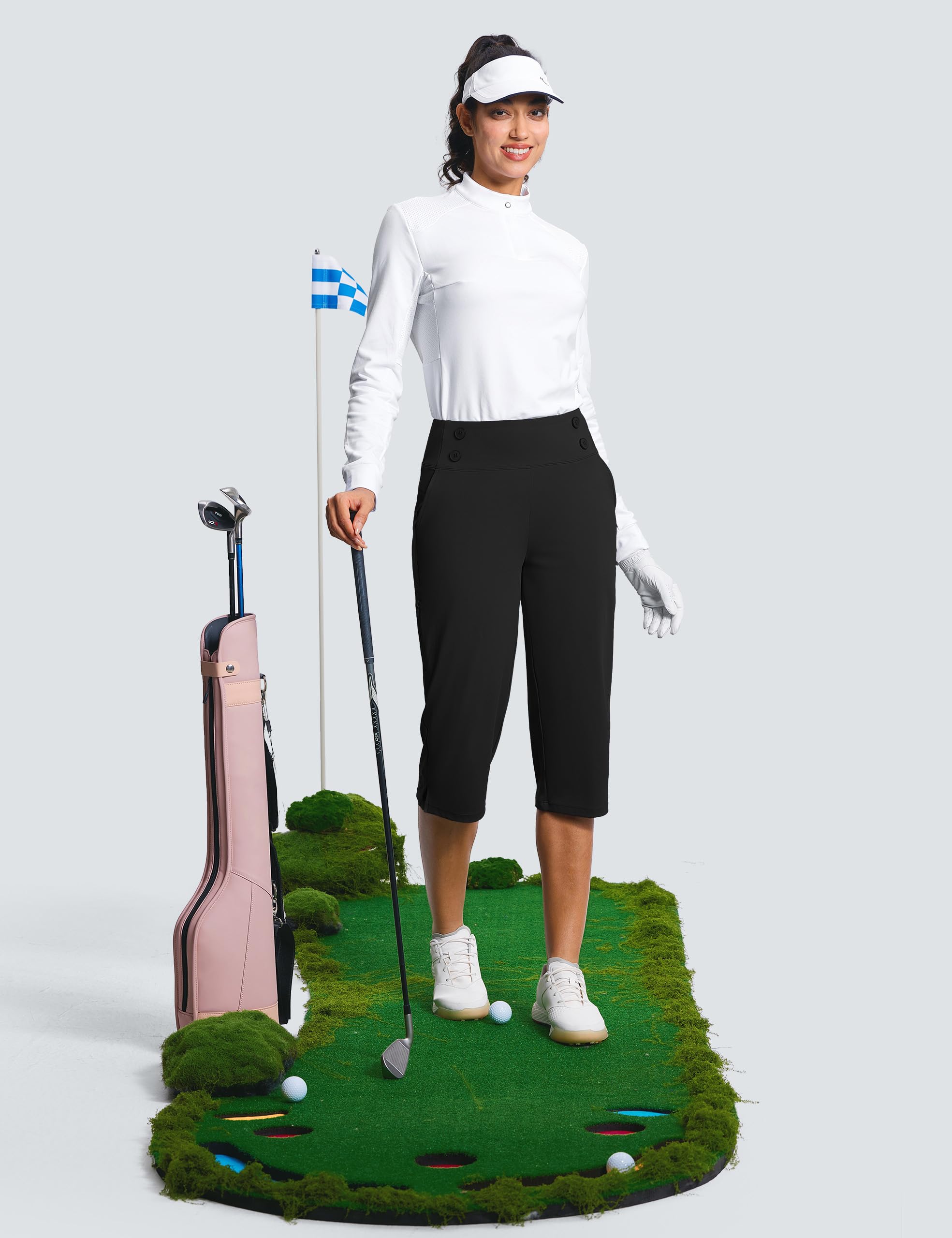 ISEE Pantaloni capri da golf da 45,7 cm, a vita alta, elasticizzati, da donna, con tasche, estivi, da lavoro, casual