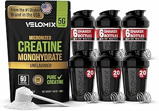 VELOMIX Micronized Creatine Monohydrate Powder - 100% Pure Creatine Powder & 6 PACK Shaker Cups for Protein Shakes 20 oz - 6x Wire Whisk