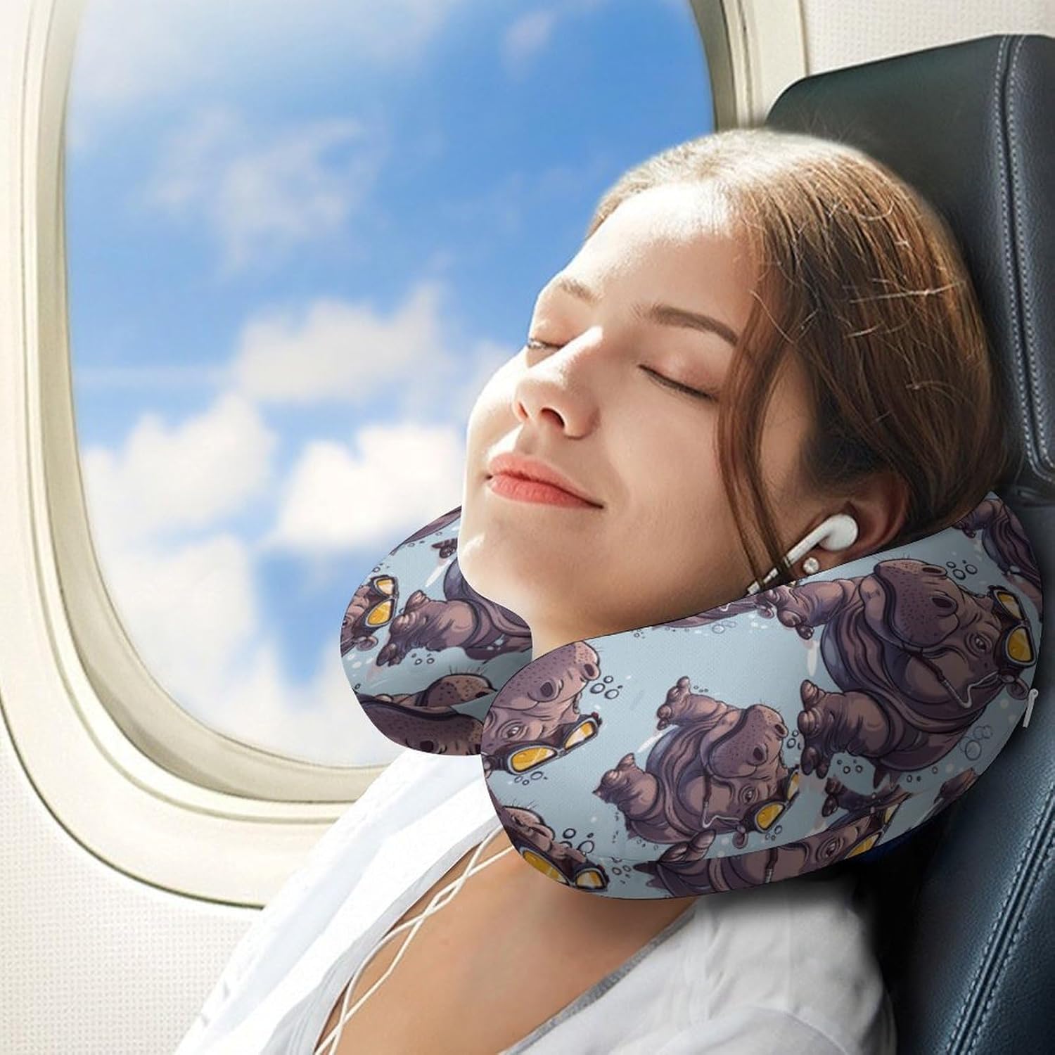 Diving Hippo Travel Pillow U Shape Neck Pillow Washable Pillowcase for Sleeping Chair
