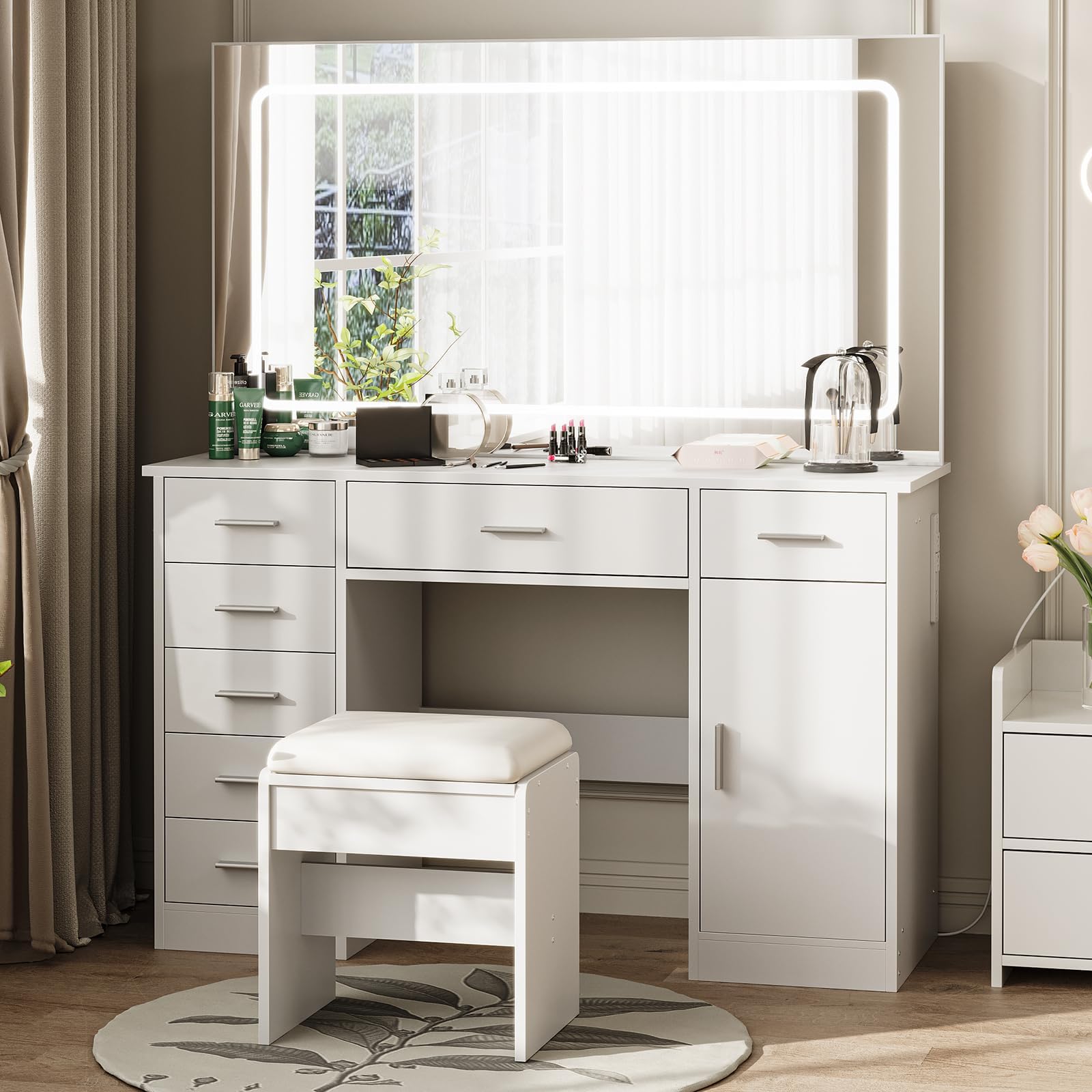 Photo 1 of GarveeLife Modern Vanity Desk with LED Mirror – 7 Drawers, Power Outlets, Hair Dryer Holder, 3-Mode Adjustable Lighting – Makeup Dressing Table Set for Bedroom, White